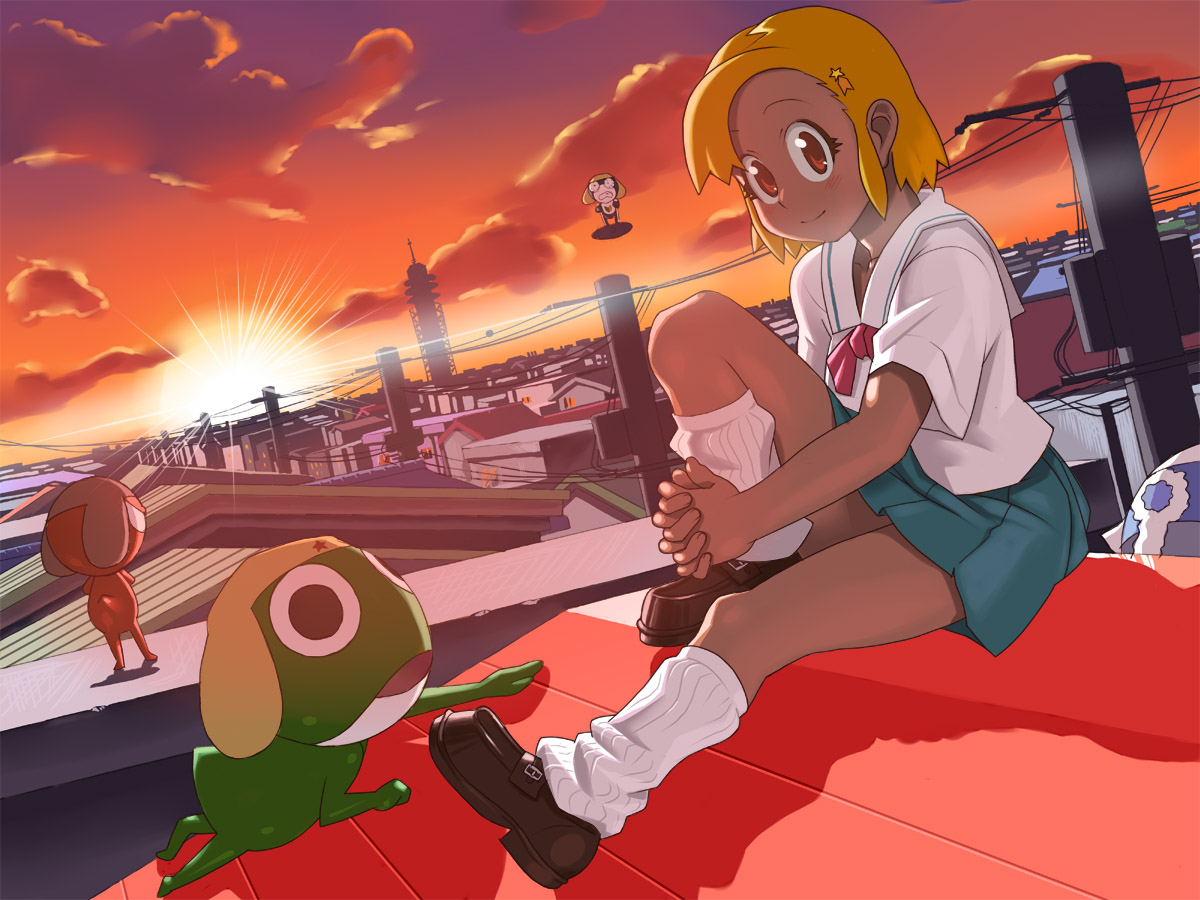 lunch (shin new), angol mois, dororo, dororo (keroro gunsou), giroro, keroro, tamama, keroro gunsou, 1girl, blonde hair, brown eyes, cityscape, cloud, crying, dark-skinned female, dark skin, dutch angle, gyaru, hair ornament, hairclip, hat, hugging own legs, kogal, loafers, looking at viewer, loose socks, lying, on stomach, pleated skirt, power lines, rooftop, school uniform, serafuku, shoes, sitting, skirt, sky, smile, socks, star (symbol), streaming tears, sunset, tears, tower, utility pole