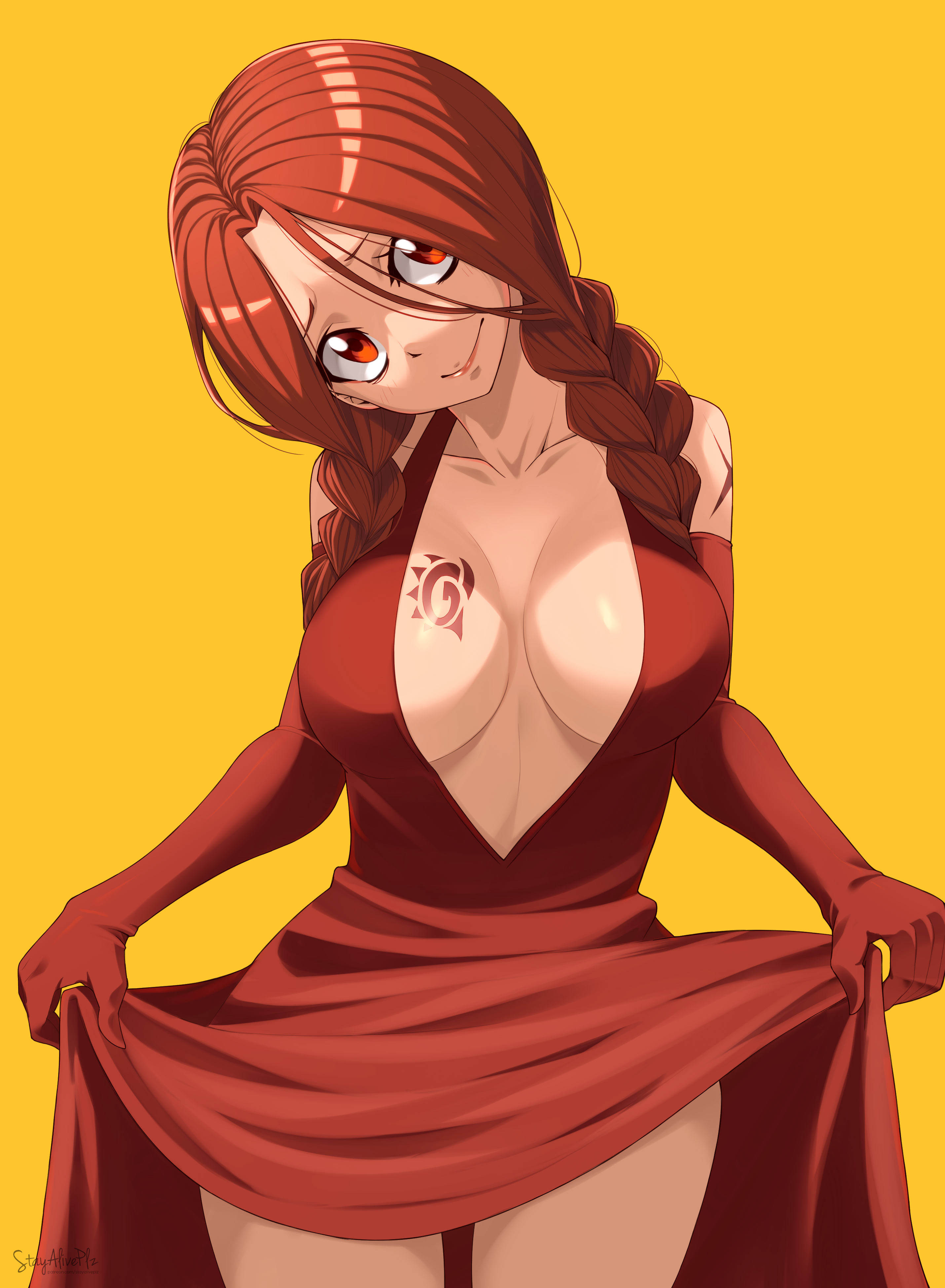 stayaliveplz, flare corona, fairy tail, absurdres, highres, 1girl, bare shoulders, braid, breast tattoo, breasts, cleavage, dress, gloves, large breasts, long hair, looking at viewer, red dress, red eyes, red gloves, red hair, scar, scar on shoulder, solo, tattoo, twin braids, twintails, yellow background