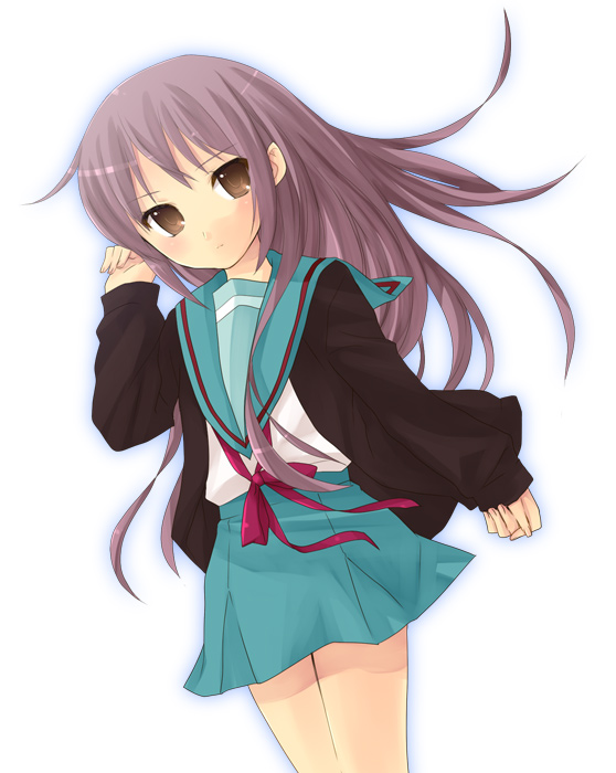 hijiki (hijikini), hijikini, nagato yuki, suzumiya haruhi no tomadoi, suzumiya haruhi no yuuutsu, 00s, 1girl, alternate hair length, alternate hairstyle, cardigan, female focus, long hair, school uniform, serafuku, solo