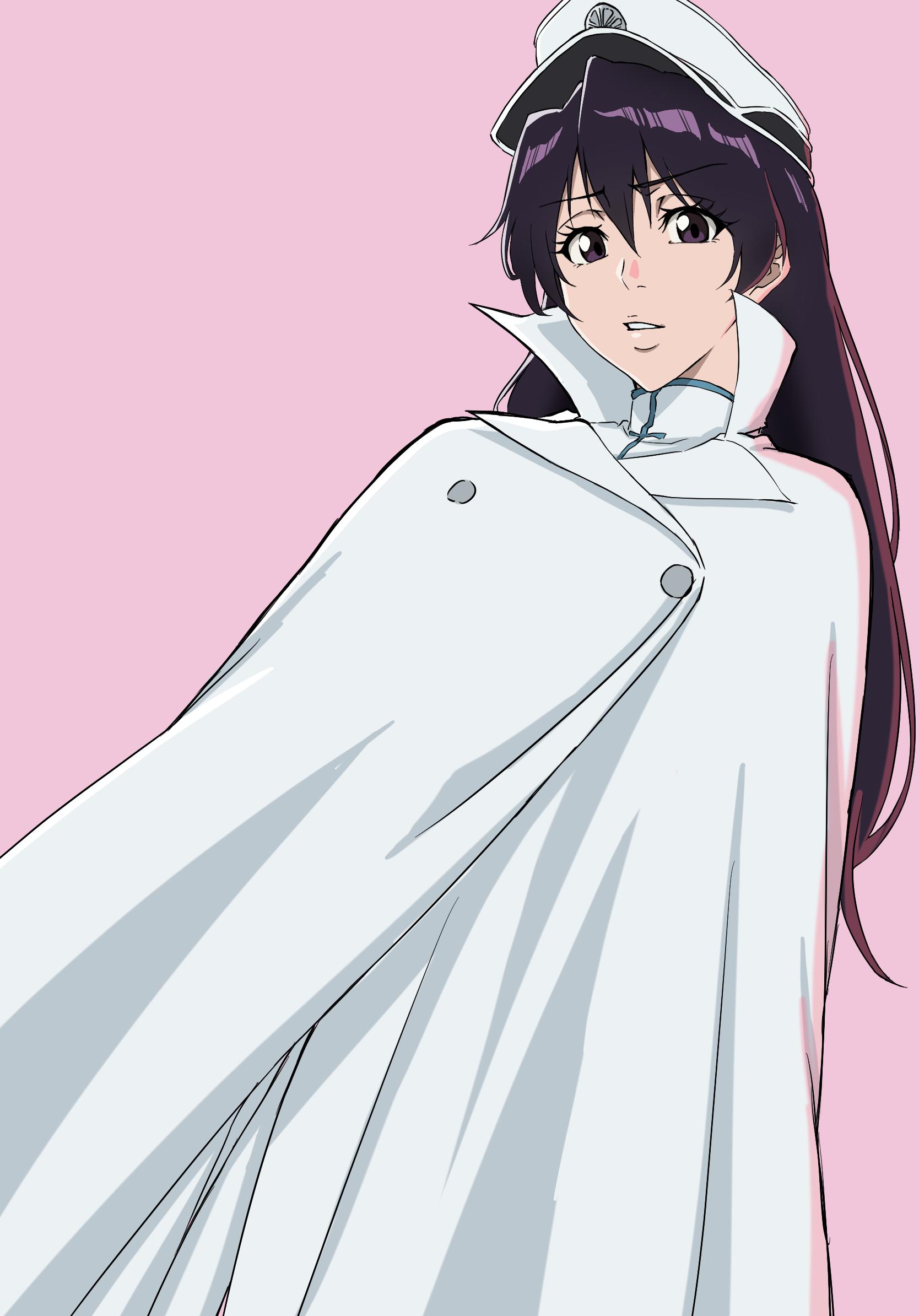 natsuki you, bambietta basterbine, bleach, highres, 1girl, black hair, cape, hat, long hair, military hat, military uniform, pink background, purple eyes, solo, white hat