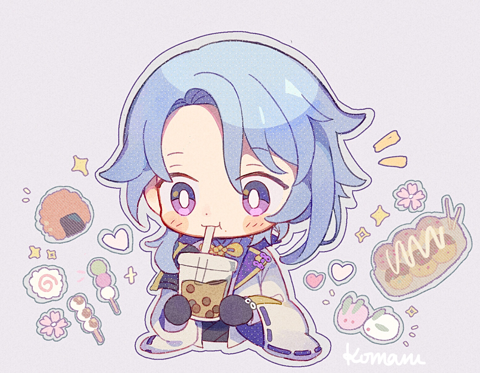 milkyway080, kamisato ayato, genshin impact, commentary, highres, symbol-only commentary, 1boy, :t, black gloves, blue hair, blush stickers, bright pupils, bubble tea, chibi, chibi only, closed mouth, cropped torso, cup, dango, disposable cup, drinking, food, gloves, grey background, heart, holding, holding cup, japanese clothes, kamaboko, kimono, long hair, long sleeves, male focus, narutomaki, notice lines, onigiri, outline, parted bangs, purple eyes, ribbon-trimmed sleeves, ribbon trim, sanshoku dango, signature, simple background, solo, sparkle, wagashi, white kimono, white pupils, wide sleeves