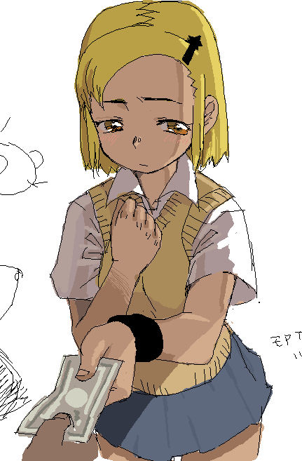 lunch (shin new), angol mois, keroro gunsou, 1girl, blonde hair, dark-skinned female, dark skin, female focus, gyaru, kogal, money, oekaki, school uniform, serafuku, solo, standing