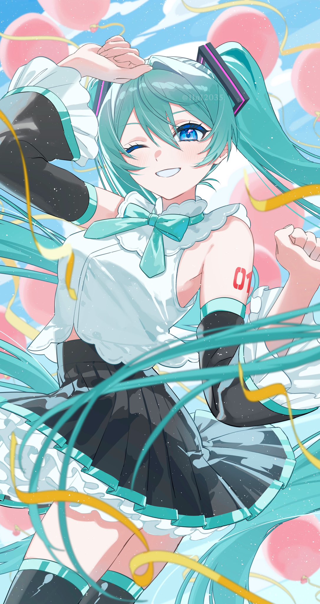 hatsune miku, hatsune miku (nt), vocaloid, commentary request, highres, 1girl, aqua bow, aqua bowtie, aqua hair, arm tattoo, arm up, balloon, black skirt, black sleeves, black thighhighs, blue eyes, blue sky, bow, bowtie, cloud, detached sleeves, ila12035, long hair, looking at viewer, number tattoo, one eye closed, open mouth, pleated skirt, skirt, sky, smile, solo, tattoo, thighhighs, twintails, white mouth