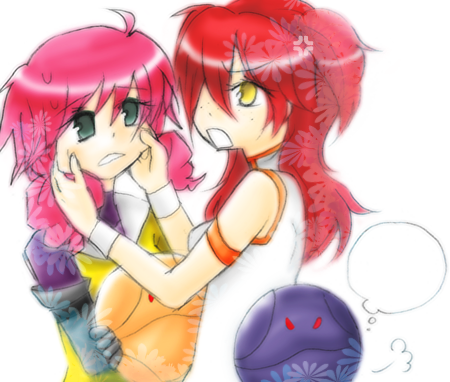 bad haro, feldt grace, haro, nena trinity, gundam, gundam 00, lowres, 00s, 2girls, bodysuit, cheek pull, freckles, multiple girls, pink hair, red hair, yellow eyes