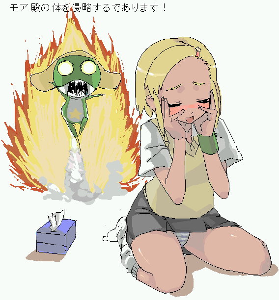 lunch (shin new), angol mois, keroro, keroro gunsou, translation request, 1girl, blonde hair, blush, dark-skinned female, dark skin, female focus, gyaru, kneeling, kogal, loose socks, oekaki, panties, pantyshot, school uniform, serafuku, simple background, sitting, socks, solo, striped clothes, striped panties, underwear, white background