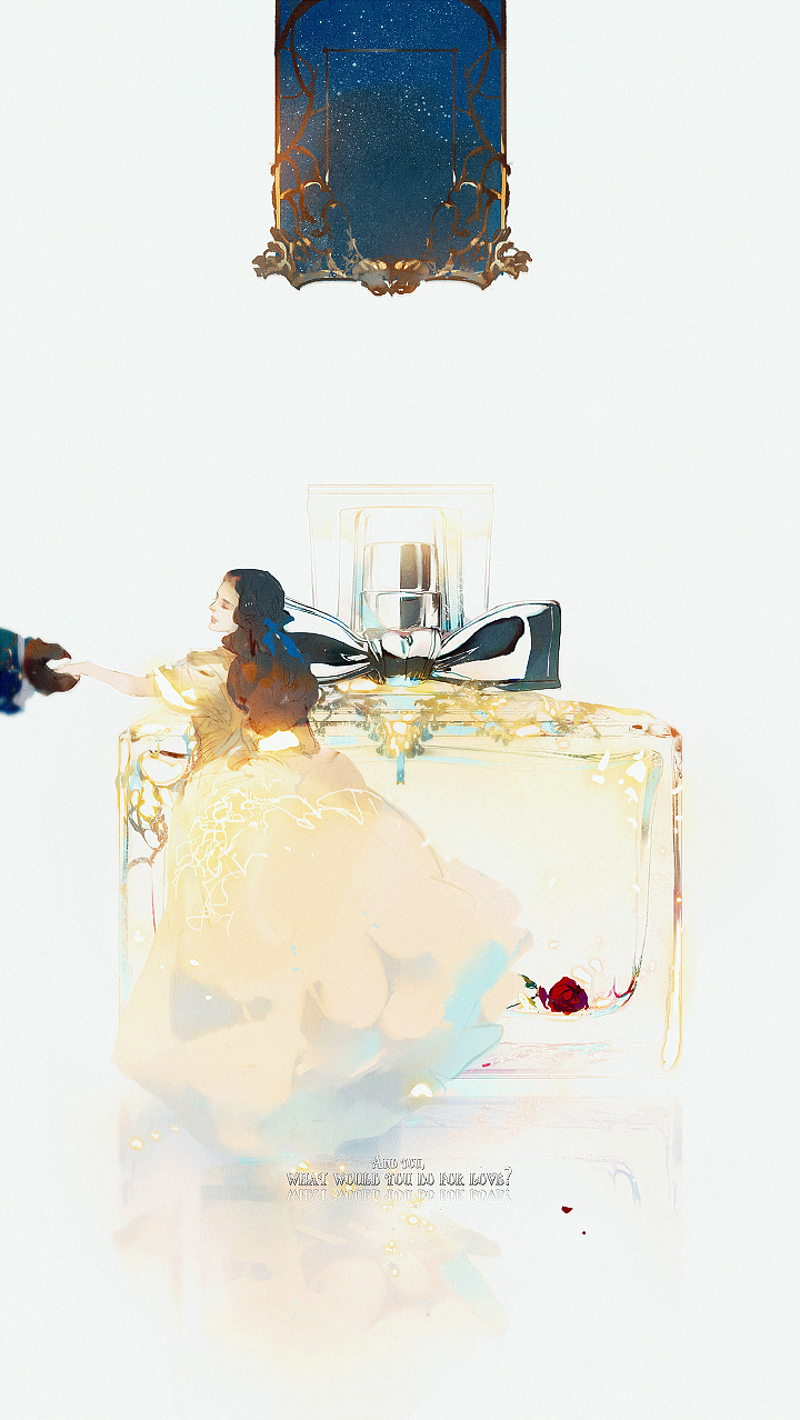 mian lang, dior, highres, 1boy, 1girl, ad, beauty and the beast (fairy tale), blue bow, bow, brown hair, dress, flower, leaf, long hair, perfume (cosmetics), pink lips, red flower, red rose, rose, standing, white background, window