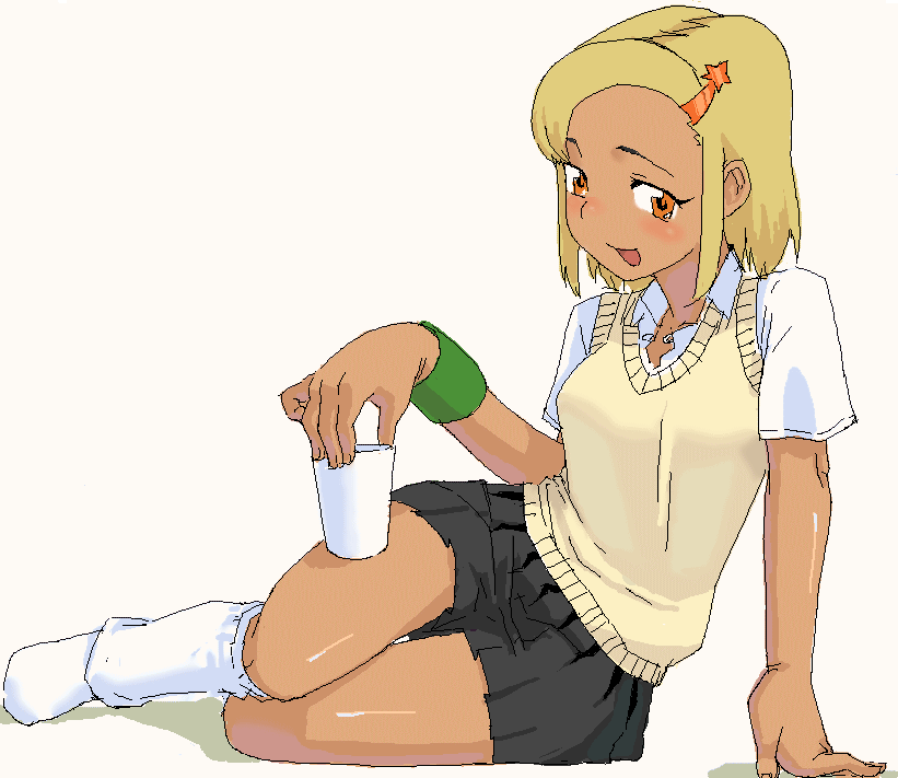 lunch (shin new), angol mois, keroro gunsou, 1girl, dark-skinned female, dark skin, female focus, gyaru, hair ornament, hairpin, kogal, loose socks, oekaki, school uniform, serafuku, socks, solo, sweater vest