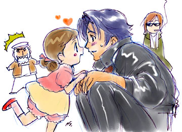 nishida asako, anubituf (simoun), guragief (simoun), wauf, simoun, lowres, 00s, 2boys, 2girls, ^^^, blue hair, blush, brown hair, child, multiple boys, multiple girls, smoking