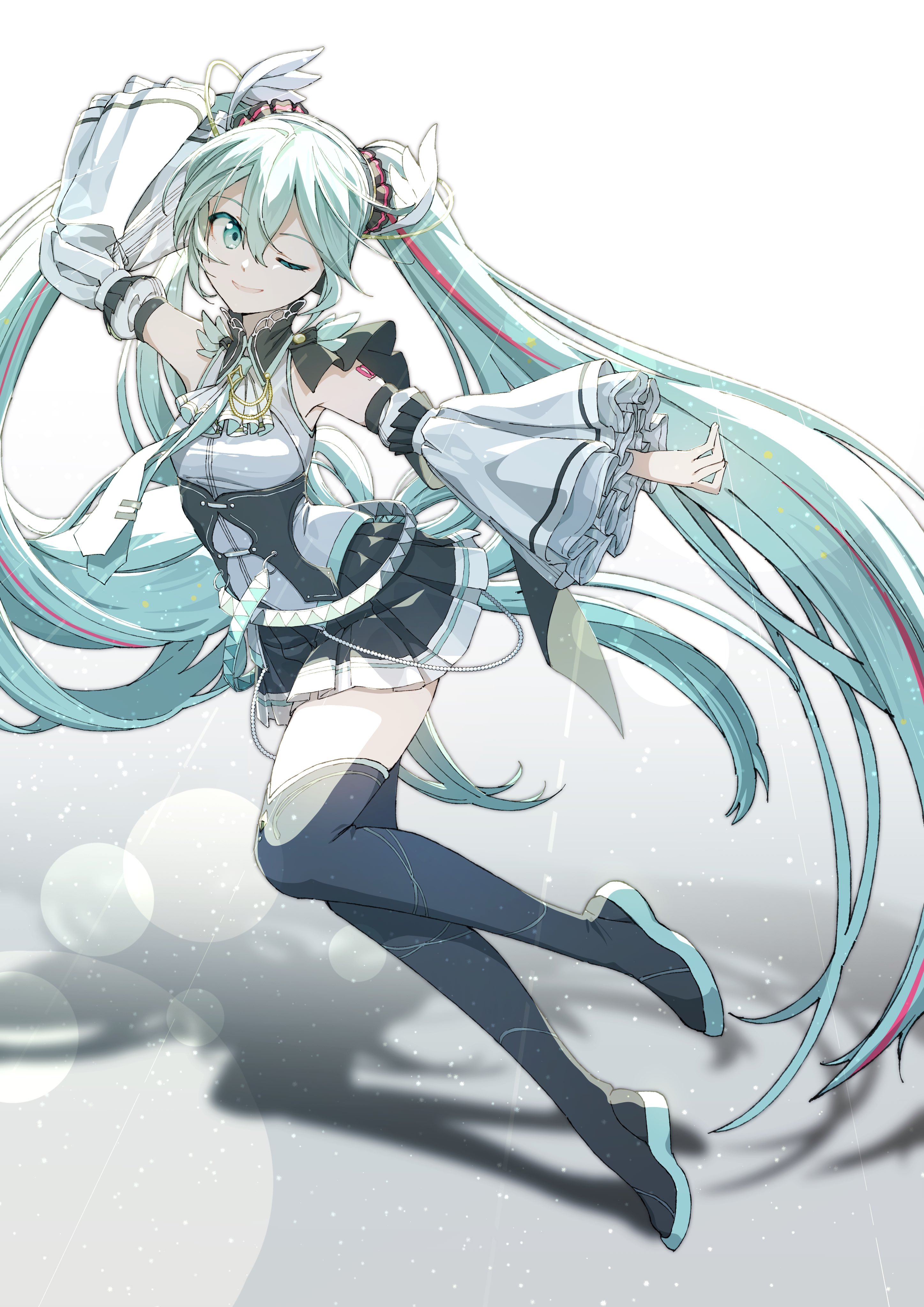 agonasubi, hatsune miku, vocaloid, absurdres, highres, 1girl, aqua eyes, aqua hair, black skirt, black thighhighs, boots, closed mouth, detached sleeves, frilled sleeves, frills, full body, hair between eyes, hatsune miku expo, long hair, looking at viewer, multicolored hair, neck ribbon, one eye closed, pleated skirt, ribbon, shadow, shirt, shoulder tattoo, simple background, skirt, smile, solo, streaked hair, tattoo, thigh boots, thighhighs, twintails, very long hair, white background, wide sleeves, zettai ryouiki