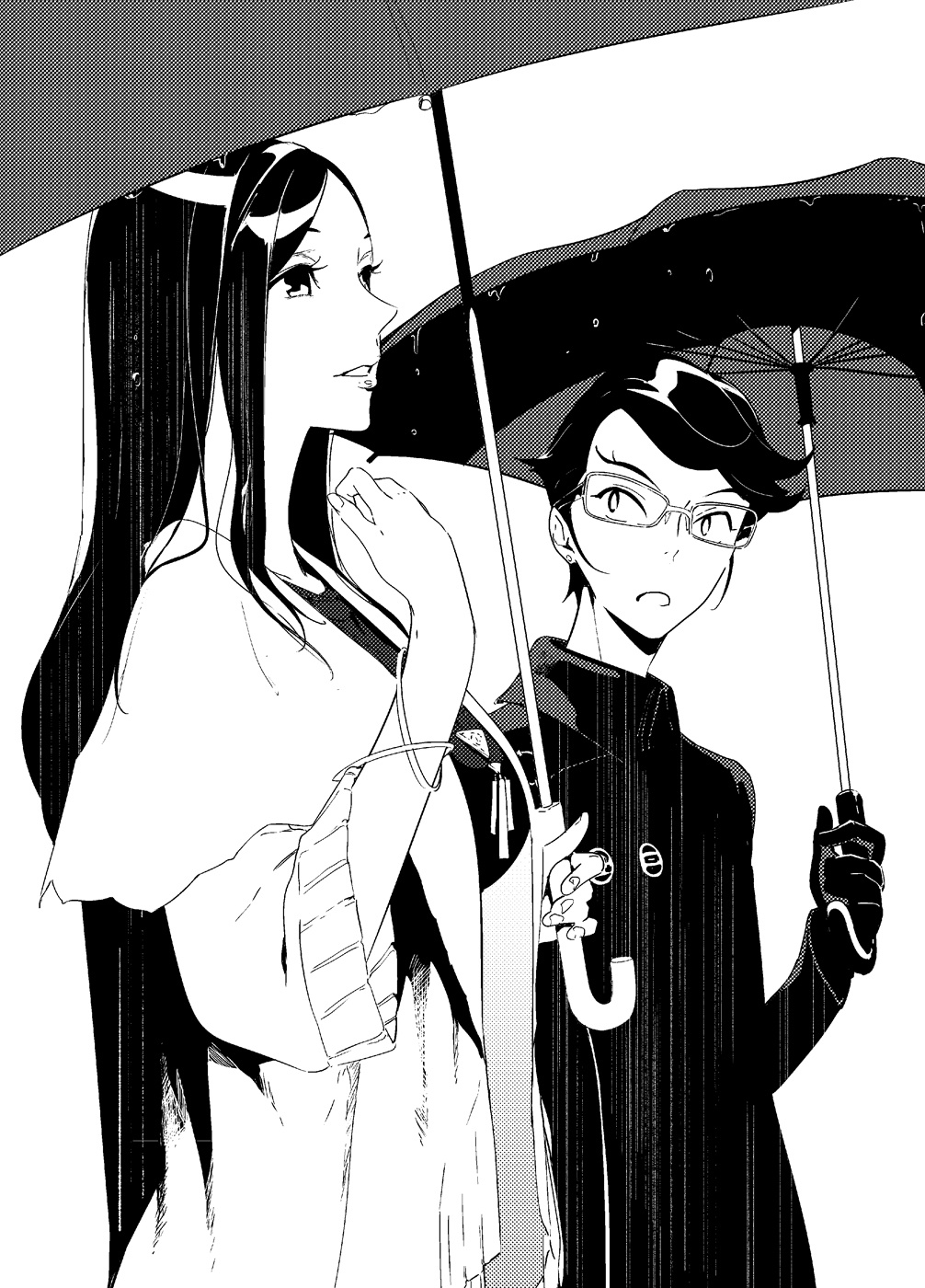 pako (pakosun), hashigami sarai, nishizono ririka, occultic;nine, science adventure, highres, non-web source, official art, 1boy, 1girl, black hair, eye of providence, from side, glasses, greyscale, grin, holding, holding umbrella, jacket, jewelry, long hair, long sleeves, looking at another, looking at viewer, monochrome, open mouth, parasol, parted lips, short hair, simple background, smile, teeth, umbrella, upper body, white background