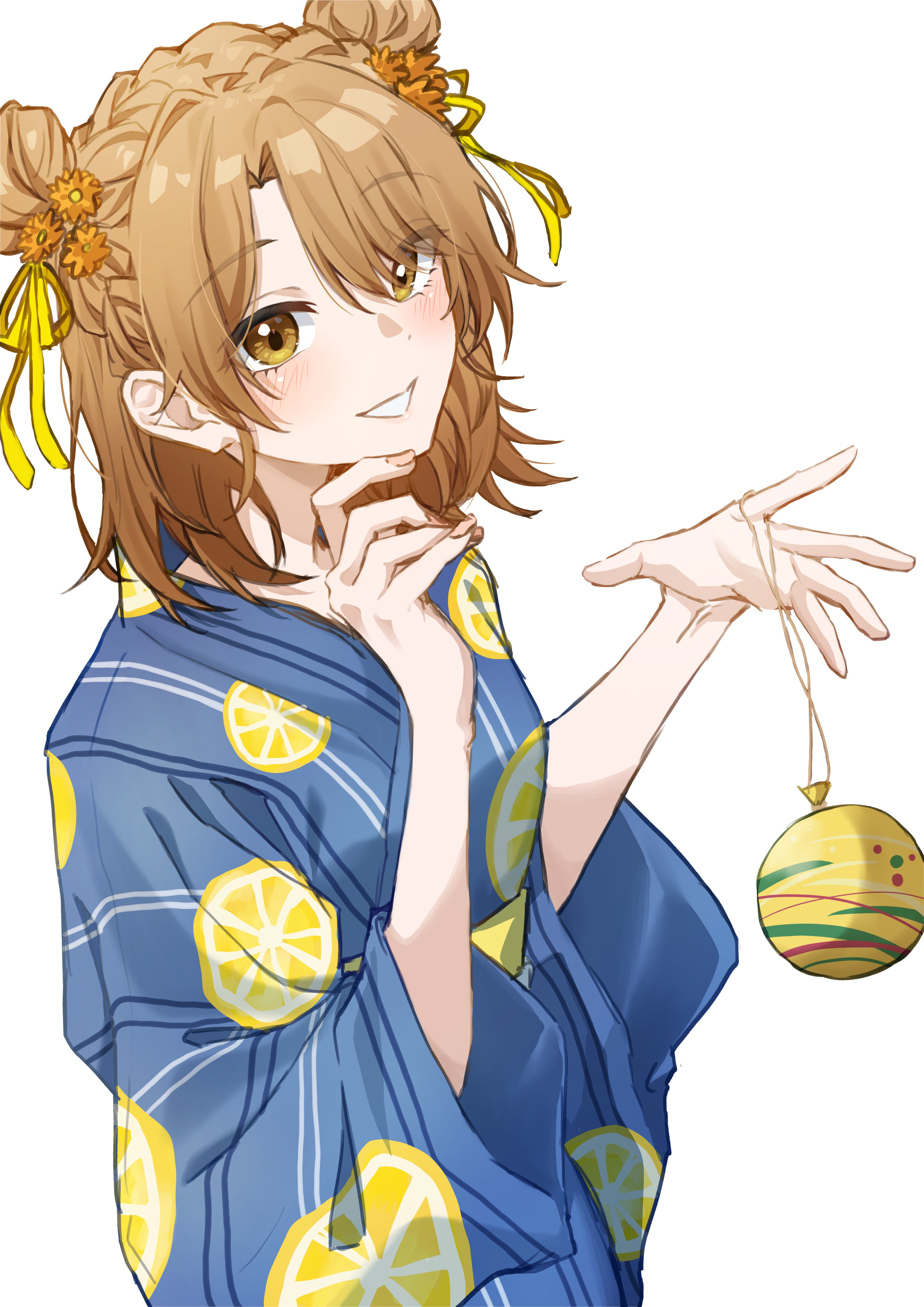 light (lightpicture33), isshiki iroha, yahari ore no seishun lovecome wa machigatteiru., absurdres, highres, 1girl, blonde hair, blue kimono, blush, braid, crown braid, double bun, flower, food print, fruit print, hair bun, hair flower, hair ornament, hair ribbon, hands up, japanese clothes, kimono, lemon print, long sleeves, looking at viewer, medium hair, official alternate costume, official alternate hairstyle, parted lips, print kimono, ribbon, simple background, smile, solo, upper body, water balloon, water yoyo, white background, wide sleeves, yellow eyes, yellow ribbon, yukata