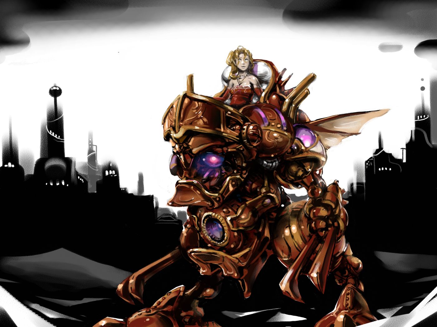 nekoixa, tina branford, final fantasy, final fantasy vi, bad id, bad pixiv id, 1990s (style), 1girl, city, female focus, jewelry, magitek armor, mecha, necklace, outdoors, retro artstyle, robot, solo