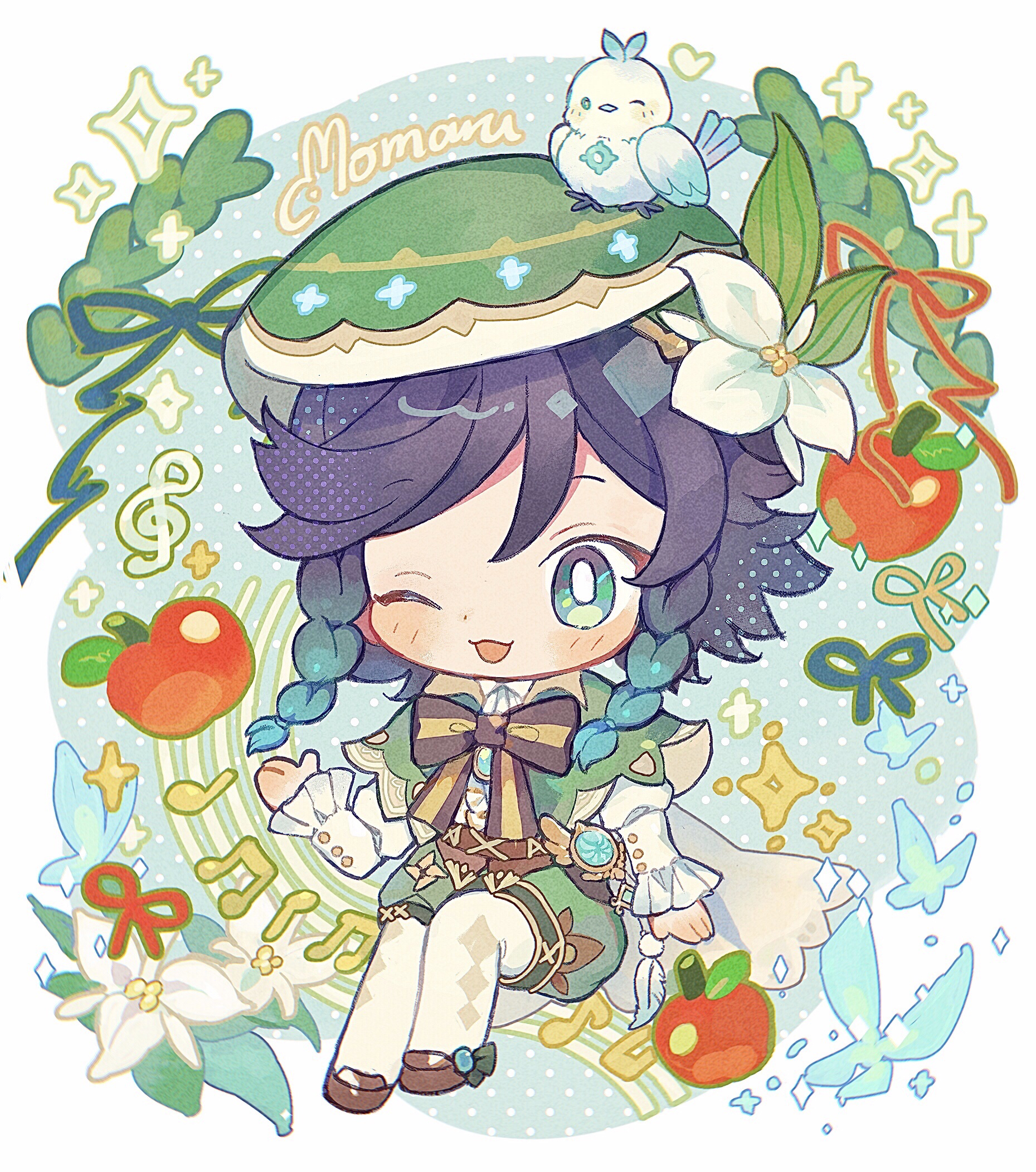 milkyway080, venti (genshin impact), genshin impact, commentary request, highres, 1boy, :3, ;d, apple, black hair, blue background, blush stickers, bow, bowtie, braid, brown bow, brown bowtie, brown shoes, capelet, chibi, chibi only, flower, food, fruit, full body, gradient hair, green capelet, green hair, green hat, green shorts, hair flower, hair ornament, hand up, hat, long hair, long sleeves, male focus, multicolored hair, one eye closed, open mouth, pantyhose, polka dot, polka dot background, shirt, shoes, shorts, signature, sitting, smile, solo, striped bow, striped bowtie, striped clothes, twin braids, white pantyhose, white shirt