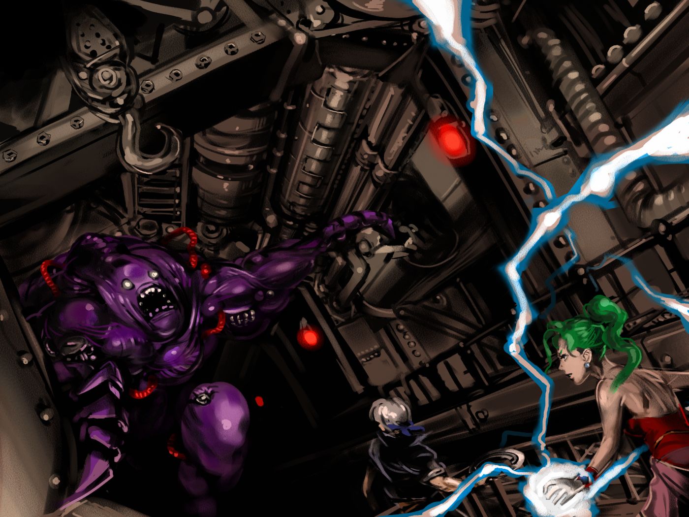 nekoixa, locke cole, number 128, tina branford, final fantasy, final fantasy vi, bad id, bad pixiv id, 1990s (style), 1boy, 1girl, black gloves, dress, electricity, gloves, glowing, green hair, indoors, industrial pipe, monster, orb, puffy short sleeves, puffy sleeves, retro artstyle, short sleeves, twintails, white dress