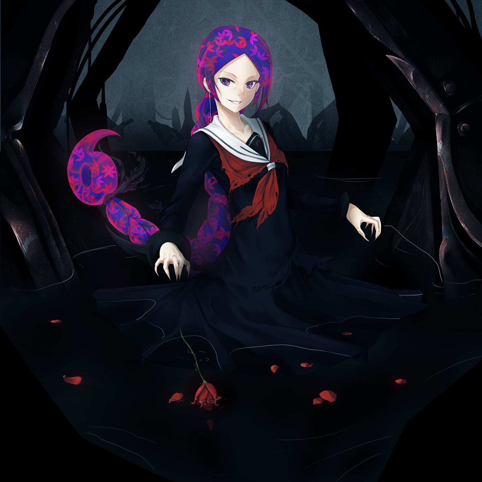 triximity, shaula gorgon, soul eater, soul eater not!, highres, 1girl, black serafuku, fingernails, flower, gradient hair, long fingernails, multicolored hair, petals, pink hair, purple eyes, purple hair, red eyes, red flower, red rose, rose, rose petals, school uniform, serafuku, solo