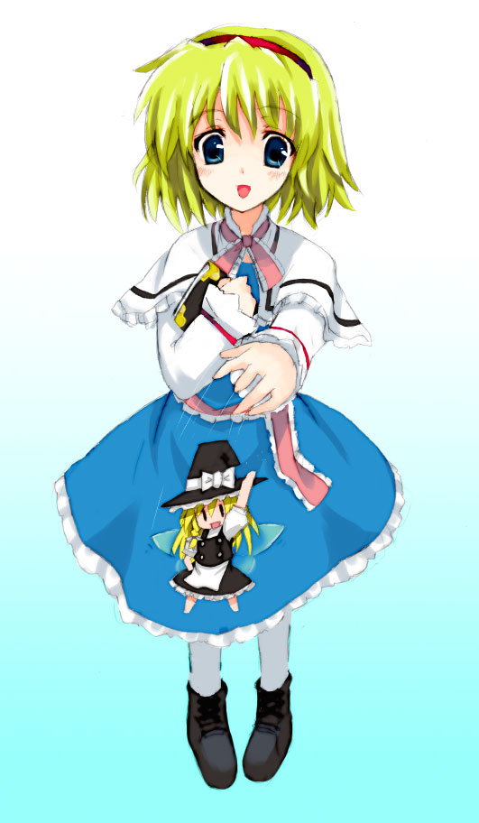 gotyou, alice margatroid, kirisame marisa, touhou, 1girl, blonde hair, blue eyes, character doll, doll, female focus, gradient background, long sleeves, looking at viewer, outstretched arm, short hair, simple background, solo, standing