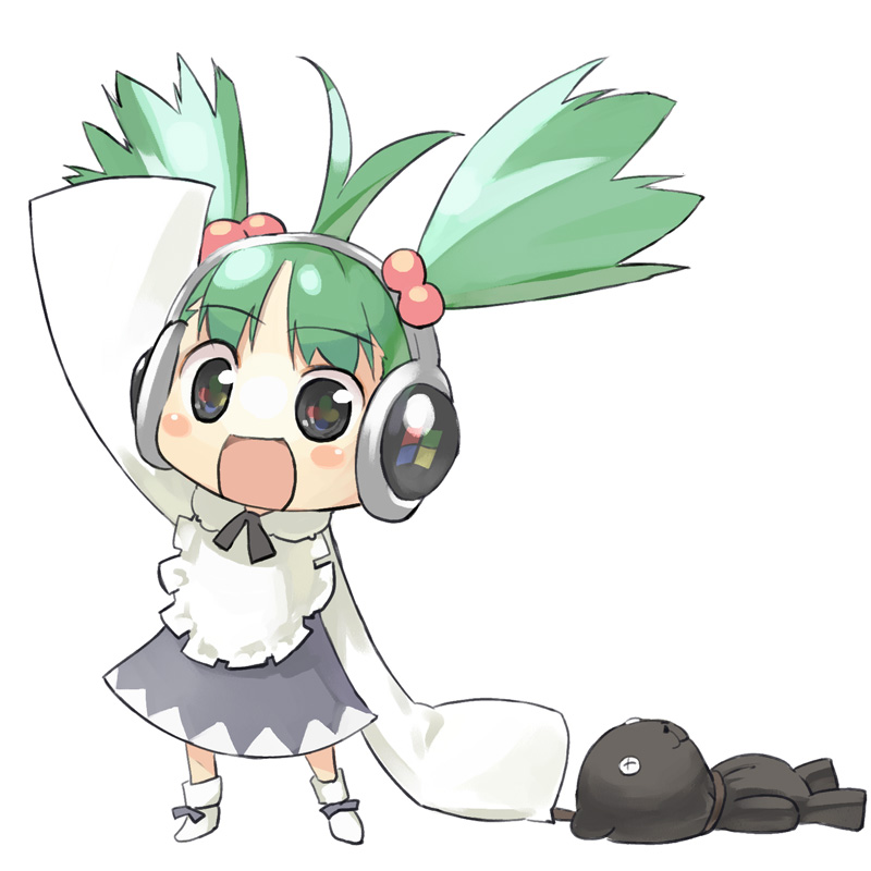 u (the unko), me-tan, vista-tan, os-tan, 1girl, chibi, female focus, green hair, hair bobbles, hair ornament, solo, stuffed animal, stuffed toy, twintails
