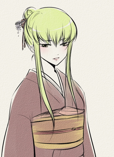 jyuru, c.c., code geass, 00s, green hair, hair bun, japanese clothes, kimono, single hair bun, solo, yellow eyes