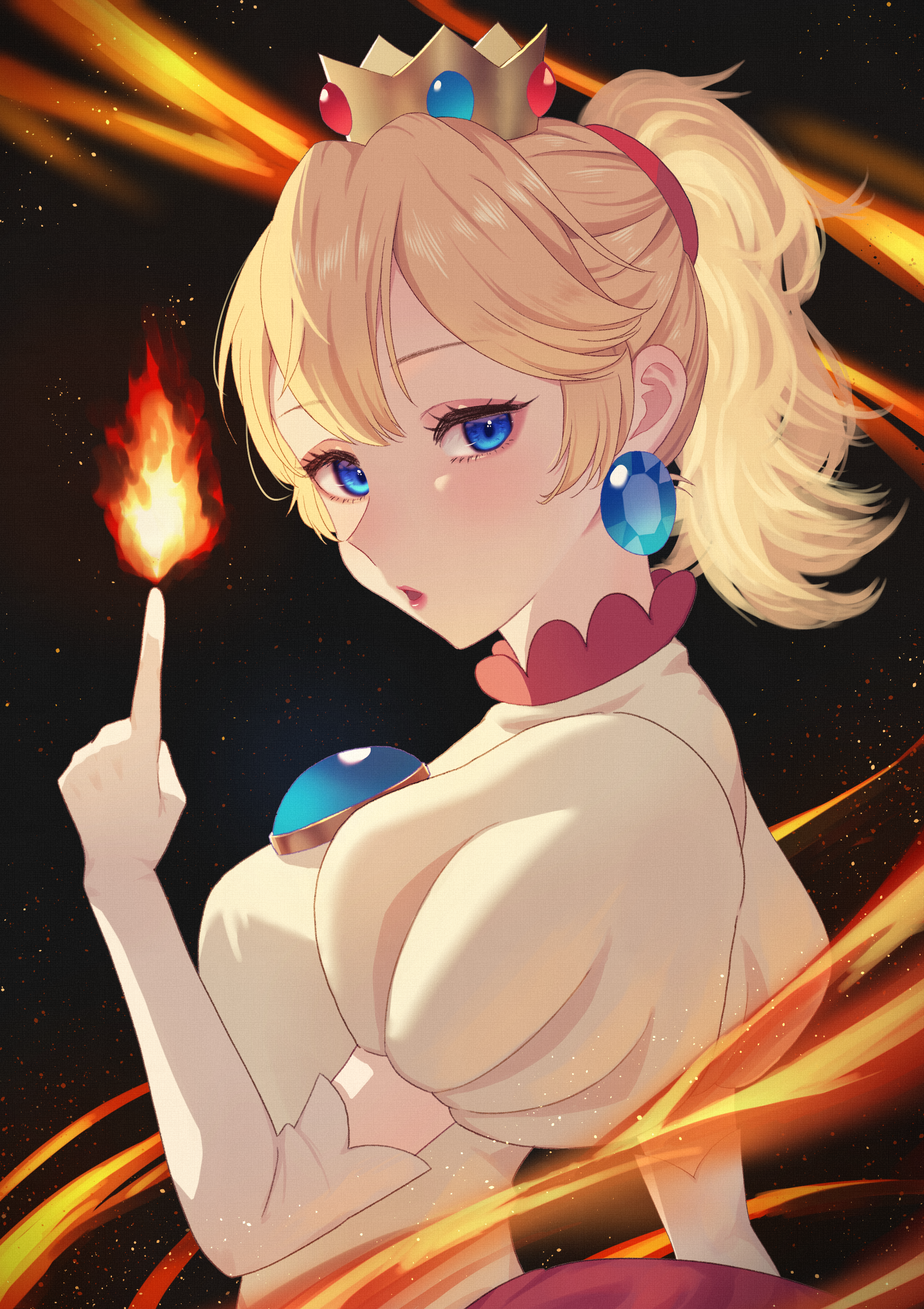 nagi-negitoro, fire peach, princess peach, mario (series), nintendo, super mario 3d world, absurdres, highres, 1girl, blonde hair, blue eyes, crown, dress, earrings, elbow gloves, fire, gloves, jewelry, ponytail, princess, puffy short sleeves, puffy sleeves, short sleeves, solo, sphere earrings, white dress, white gloves