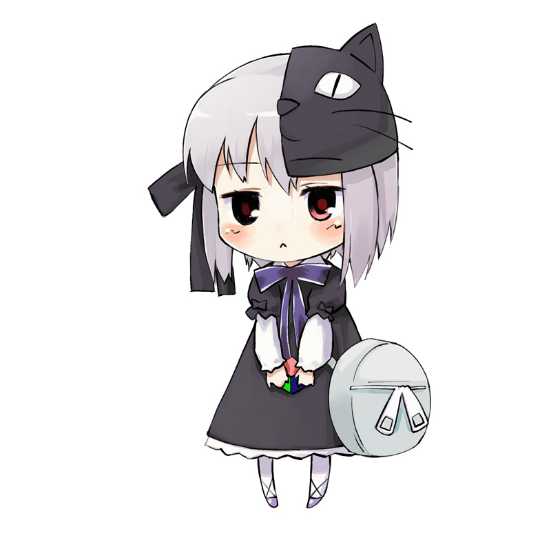 u (the unko), os-tan, 1girl, asymmetrical clothes, blush, chibi, female focus, grey hair, mask, red eyes, solo