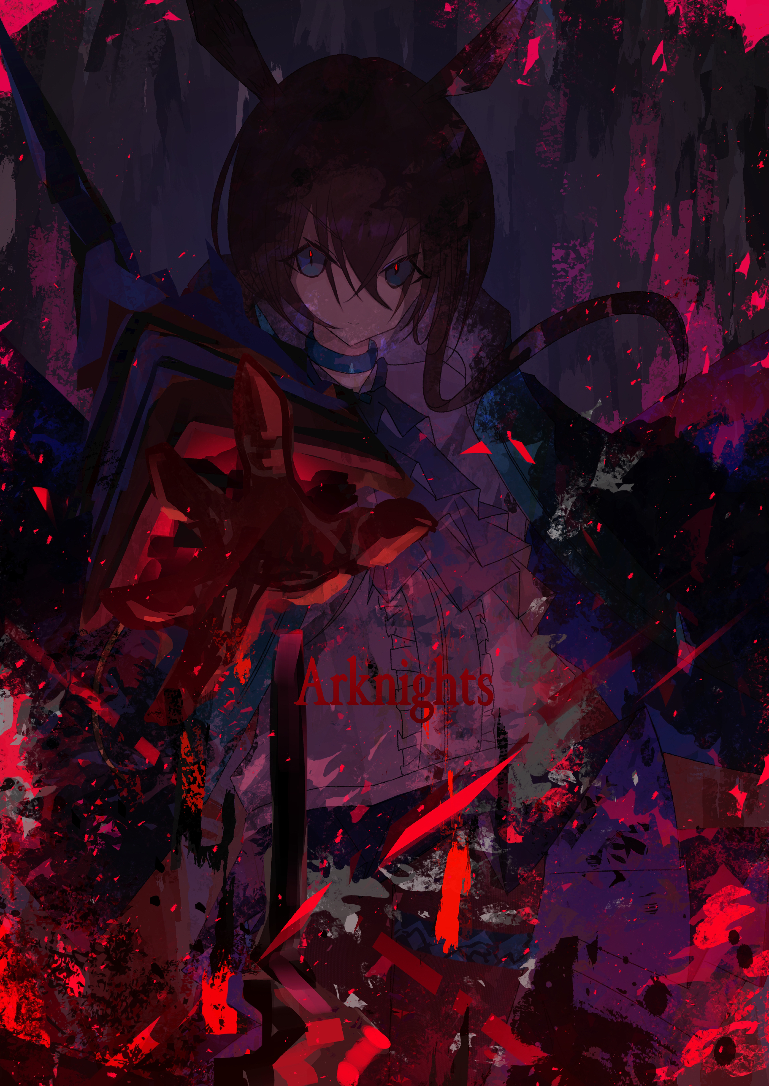 kira guil, amiya (arknights), infection monitor (arknights), arknights, absurdres, highres, 1girl, animal ears, ankle strap, ascot, aura, black jacket, blue eyes, blue skirt, breasts, brown hair, choker, closed mouth, clothes writing, cowboy shot, english text, expressionless, hair between eyes, hood, hooded jacket, jacket, jewelry, long hair, looking at viewer, neck ring, open clothes, open jacket, originium arts (arknights), pantyhose, plaid clothes, pleated skirt, rabbit ears, rabbit girl, rhodes island uniform, ring, serious, shoes, sidelocks, skirt, small breasts, solo, standing, sweater, tareme, thumb ring, very long hair, white sweater