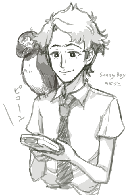 mizuki maya, rajdhani (sonny boy), sonny boy, commentary, 1boy, animal, animal on shoulder, bird, bird on shoulder, character name, closed mouth, collared shirt, copyright name, game boy, game boy (original), greyscale, handheld game console, holding, holding handheld game console, male focus, monochrome, necktie, parrot, shirt, short hair, short sleeves, smile, solo, sound effects, upper body