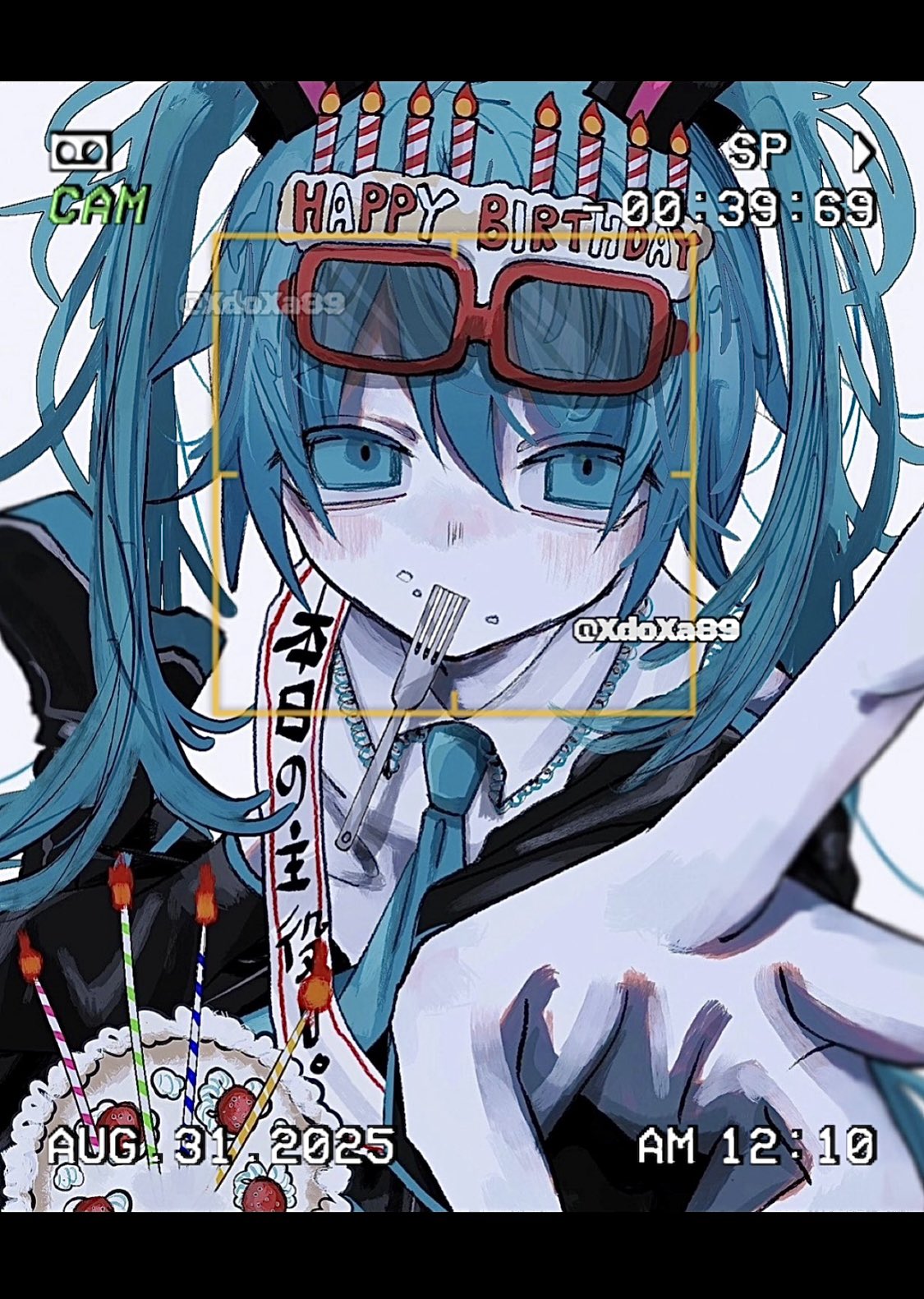 xdoxa89, hatsune miku, vocaloid, hashtag-only commentary, highres, 1girl, artist name, blue eyes, blue hair, blush, cake, candle, eyewear on head, food, fork, happy birthday, letterboxed, looking at viewer, reaching, reaching towards viewer, rectangular eyewear, simple background, solo, twitter username, user interface, utensil in mouth, viewfinder, white background