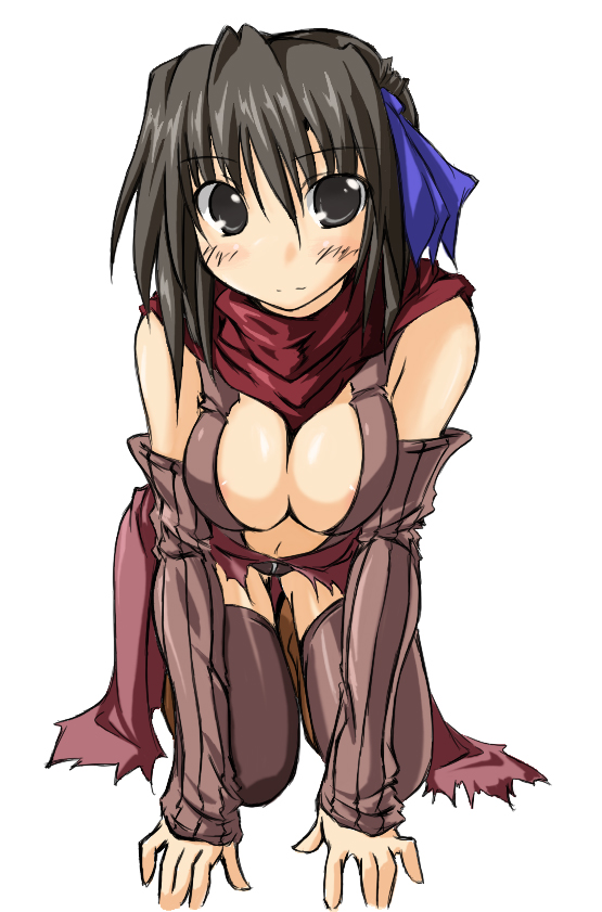 kaminagi (kaminagi-tei), assassin cross (ragnarok online), ragnarok online, 1girl, all fours, black eyes, black hair, blush, bow, breasts, cleavage, female focus, ribbon, solo, thighhighs