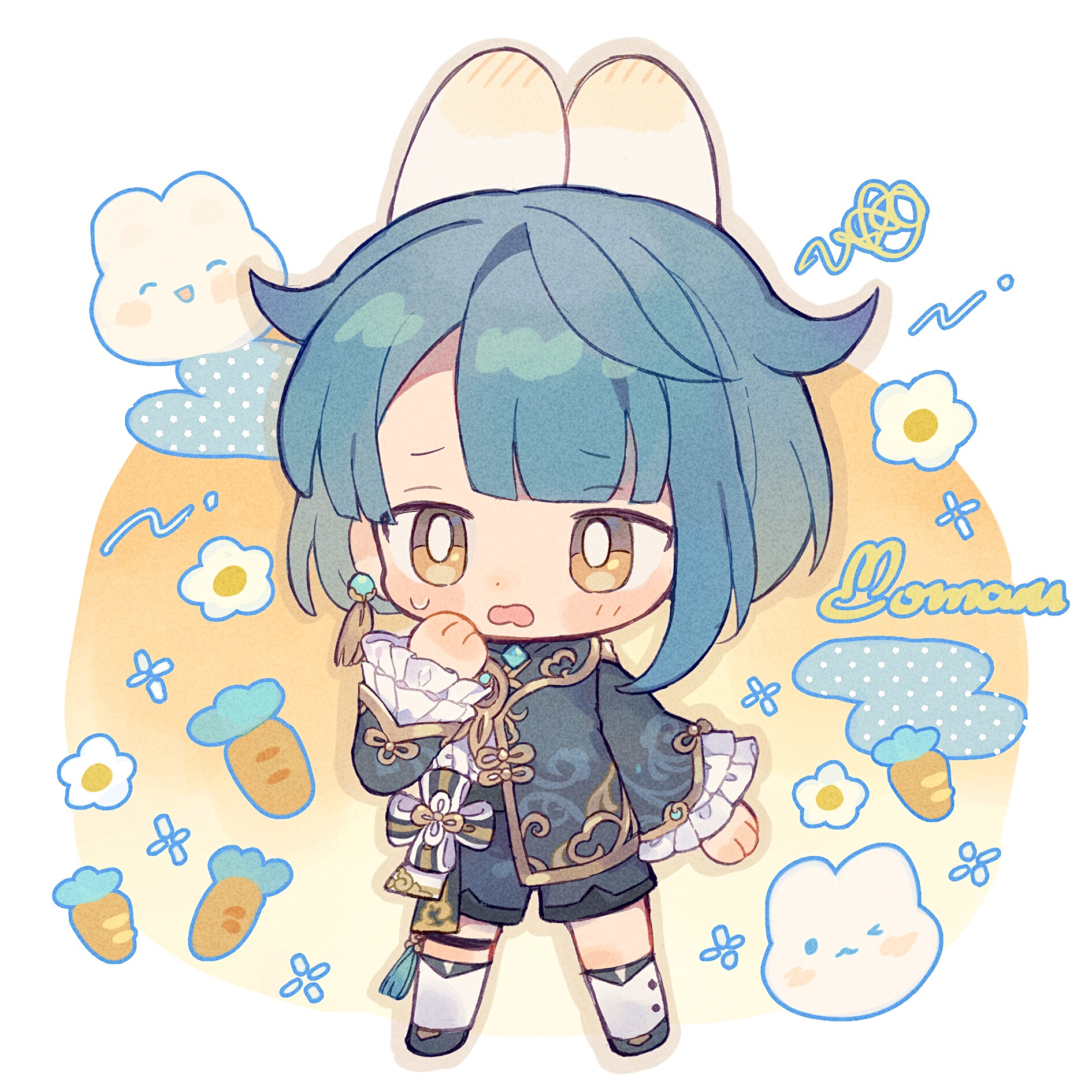milkyway080, xingqiu (genshin impact), genshin impact, commentary request, highres, 1boy, black shoes, black shorts, blue hair, blue shirt, blunt bangs, blush stickers, bright pupils, carrot, chibi, chibi only, frilled sleeves, frills, full body, hand up, long sleeves, male focus, open mouth, rabbit, shirt, shoes, short hair, shorts, signature, socks, solo, standing, sweatdrop, white pupils, white socks, yellow eyes