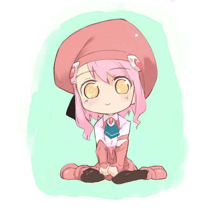 u (the unko), momo mizrahi, xenosaga, xenosaga episode iii, 00s, 1girl, beret, chibi, female focus, hat, necktie, pantyhose, pink hair, short hair, skirt, smile, solo, yellow eyes