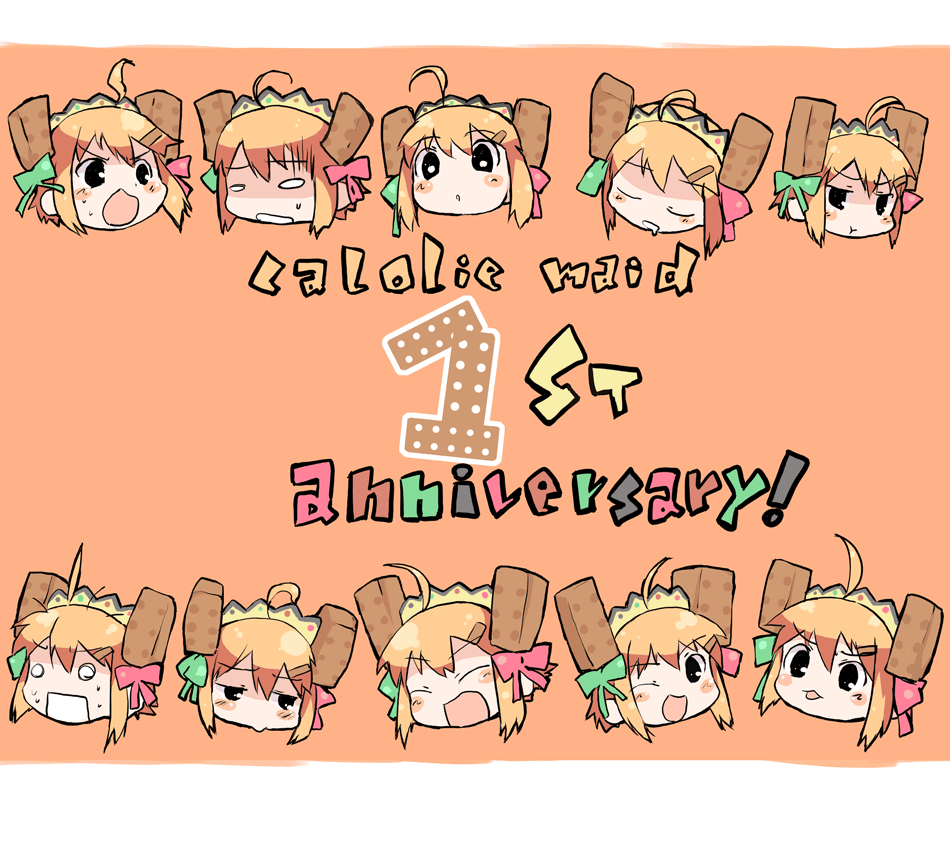 u (the unko), caloriemate, 6+girls, chibi, multiple expressions, multiple girls, one eye closed, pout, wink