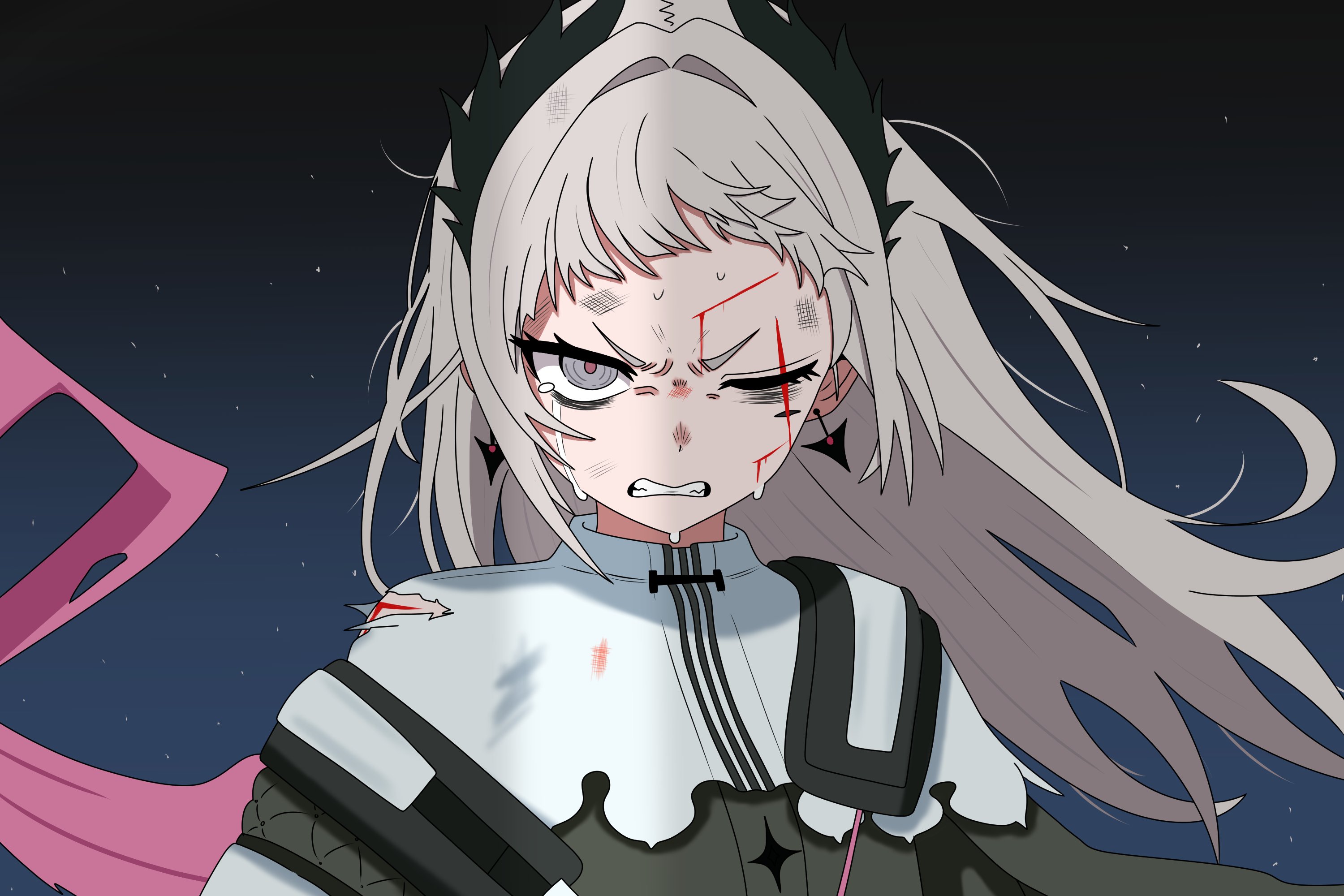 irene (arknights), arknights, commentary request, highres, korean commentary, 1girl, angry, arched bangs, blood, clenched teeth, crying, crying with eyes open, cuts, djm493, earrings, frown, frustrated, grey hair, grimace, injury, jewelry, long hair, looking at viewer, one eye closed, pain, portrait, scar, scar across eye, scar on face, shirt, solo, tears, teeth, torn clothes, torn shirt, v-shaped eyebrows, white shirt