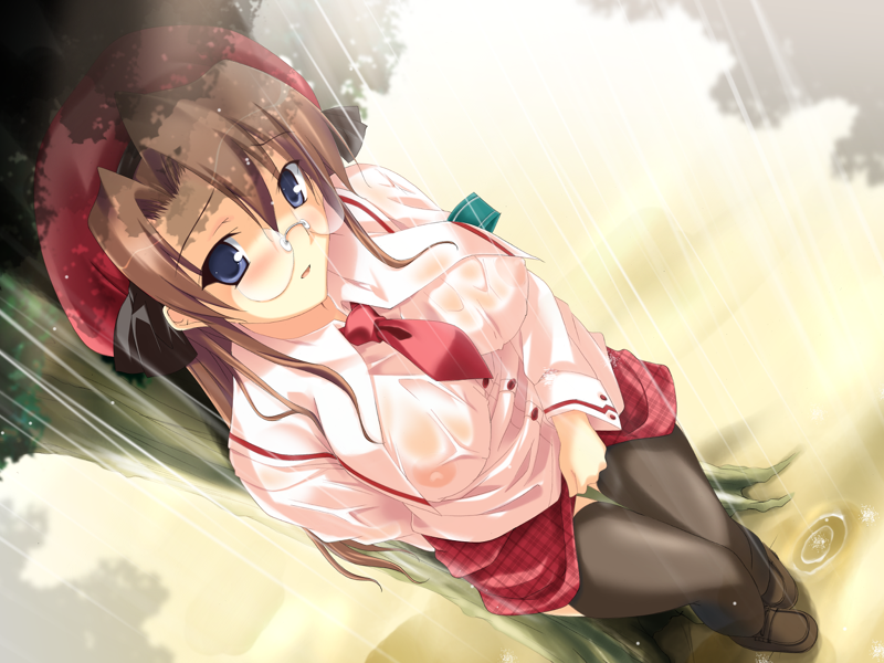 yukirin, yuisaka natsuki, purupuru shirts!, game cg, 1girl, blue eyes, brown hair, female focus, glasses, hat, no bra, see-through clothes, solo, thighhighs, wet, wet clothes