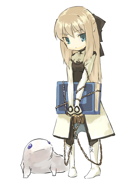 pako (pakosun), u (the unko), cyrille (shining force exa), zhirra, sega, shining (series), shining force exa, 1girl, blonde hair, blue eyes, book, boots, chain, cyrill, female focus, half updo, knee boots, ribbon, solo, thigh boots, thighhighs