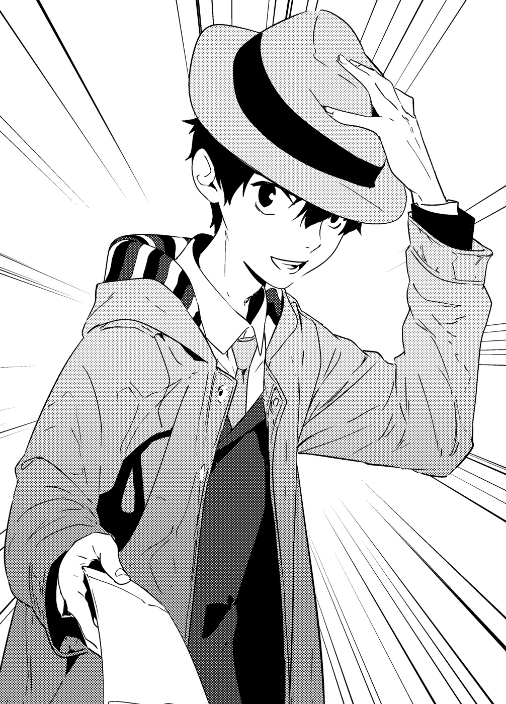pako (pakosun), moritsuka shun, occultic;nine, science adventure, highres, non-web source, official art, 1boy, :d, black hair, coat, collared shirt, fedora, greyscale, hand on own hat, hand up, hat, holding, holsing paper, jacket, long sleeves, looking at viewer, male focus, monochrome, necktie, open clothes, open coat, open mouth, shirt, short hair, simple background, smile, solo, suit jacket, teeth, upper body