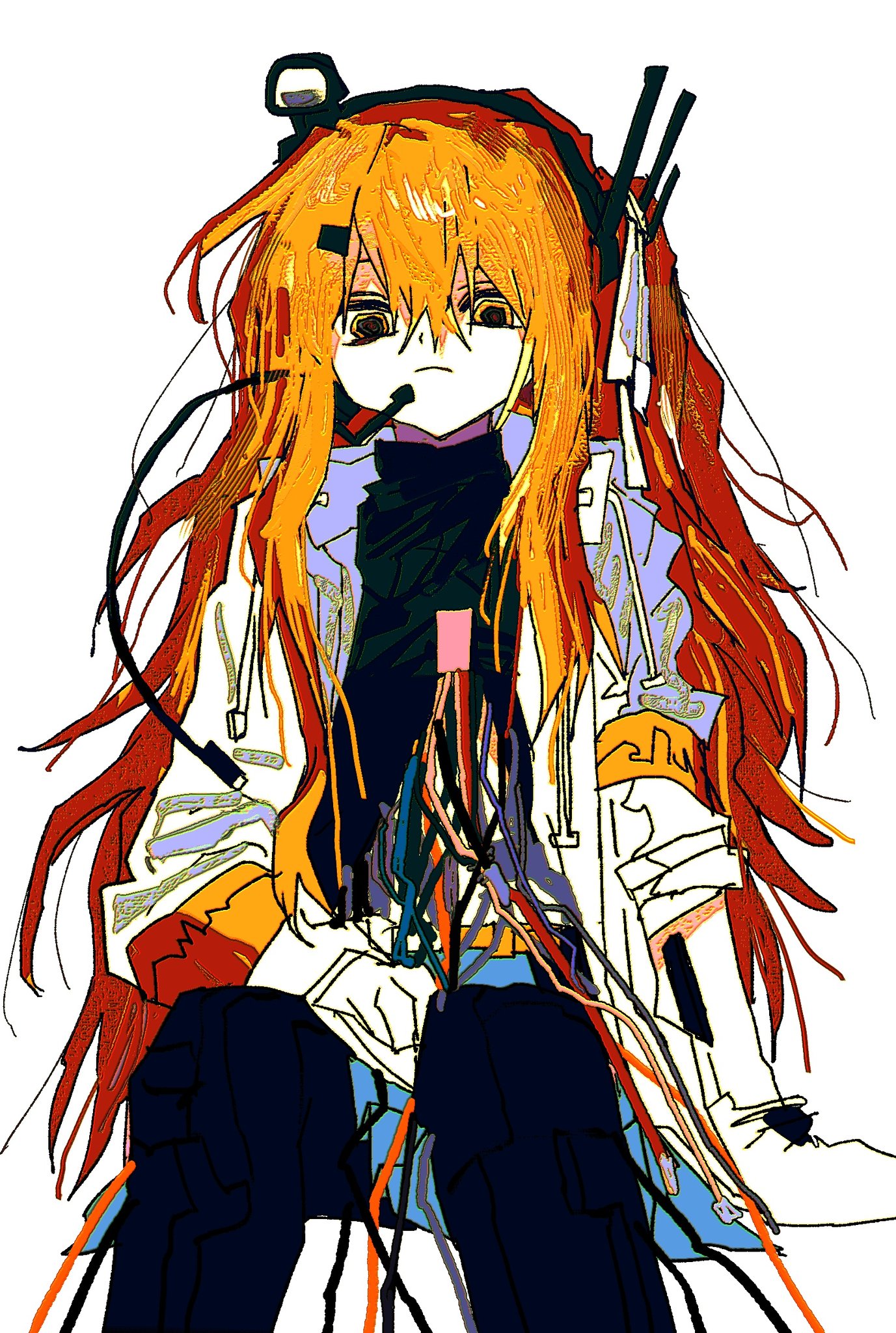 goguma wagamja, adachi rei, a.i. voice, utau, commentary, highres, symbol-only commentary, 1girl, android, arm support, black pantyhose, black shirt, blue skirt, cable, closed mouth, clothes lift, feet out of frame, frown, gloves, hair ribbon, hand on lap, headlamp, headset, jacket, long hair, long sleeves, looking at viewer, messy hair, one side up, open clothes, open jacket, orange eyes, orange hair, pantyhose, radio antenna, red pupils, ribbon, shirt, shirt lift, simple background, sitting, skirt, sleeve rolled up, solo, straight-on, white background, white gloves, white jacket, white ribbon