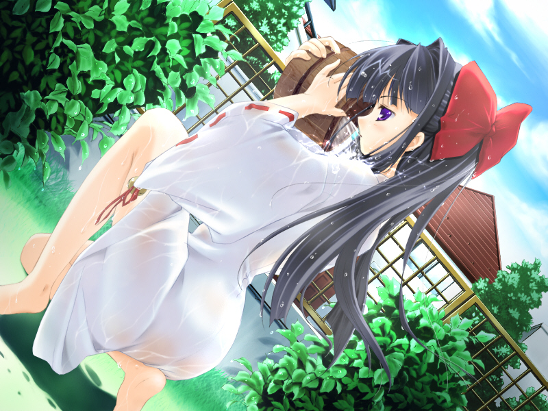 tagme, blue eyes, blue hair, japanese clothes, miko, on one knee, solo, wet, wet clothes