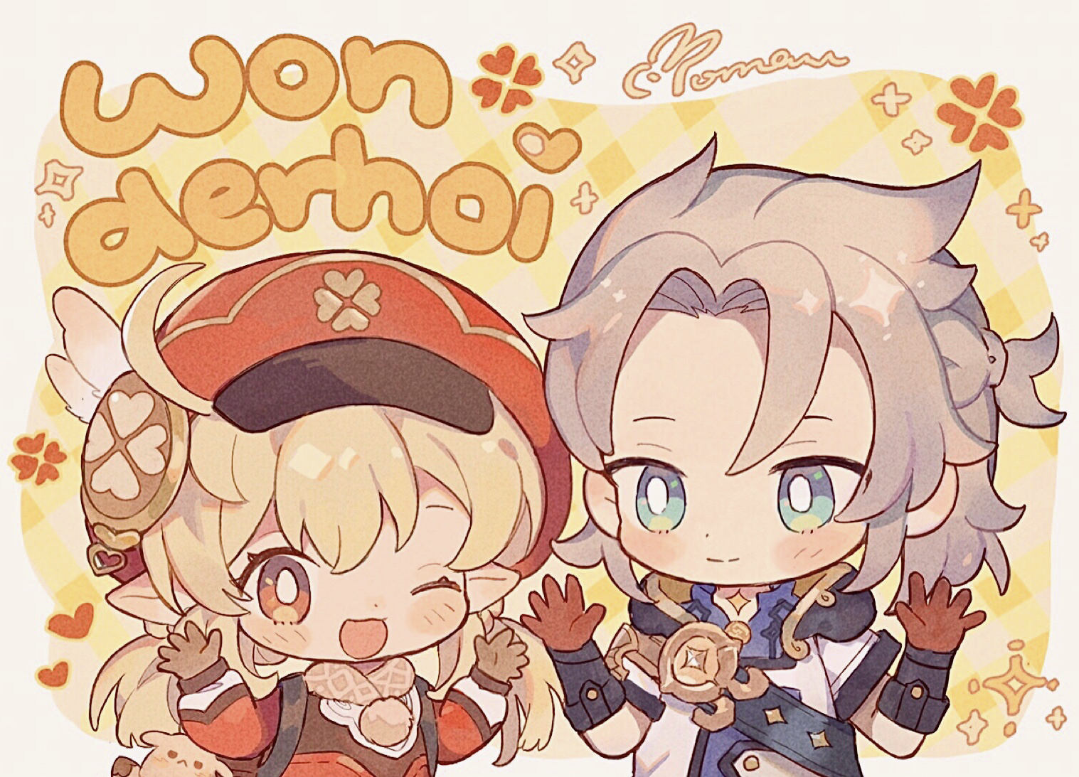 milkyway080, albedo (genshin impact), klee (genshin impact), genshin impact, commentary request, 1boy, 1girl, :3, ;d, blonde hair, blue eyes, blush stickers, bright pupils, brown gloves, chibi, chibi only, closed mouth, dress, gloves, grey hair, hands up, hat, hood, hood down, long hair, looking at viewer, one eye closed, open mouth, pointy ears, red dress, red eyes, red gloves, red hat, shirt, short hair, short sleeves, signature, smile, upper body, white pupils, white shirt, yellow background