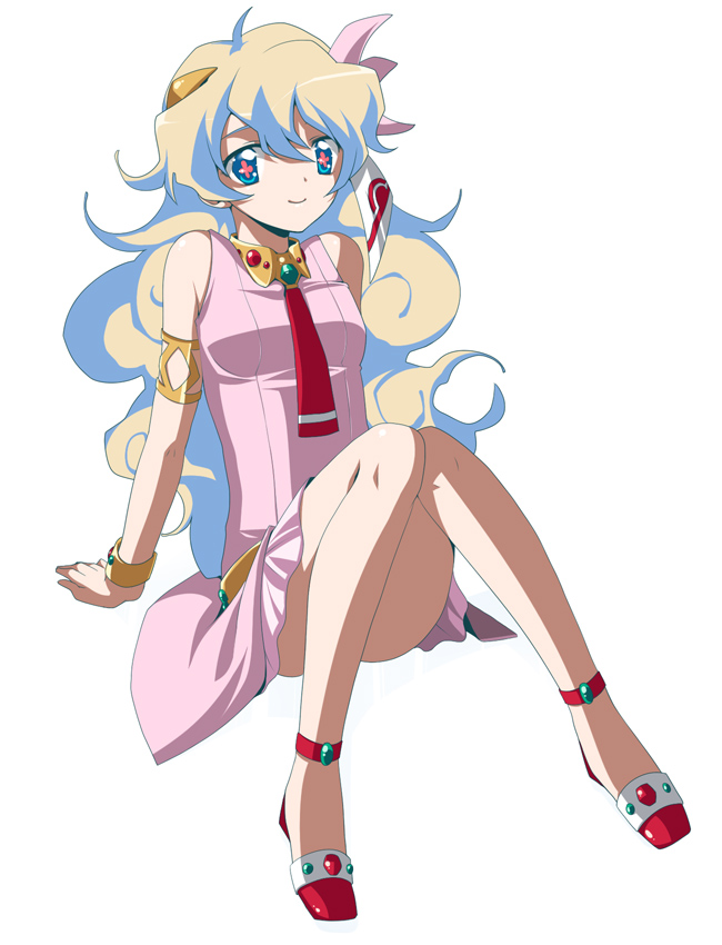 jyuru, nia teppelin, tengen toppa gurren lagann, 00s, blue eyes, legs, long hair, multicolored hair, sitting, solo