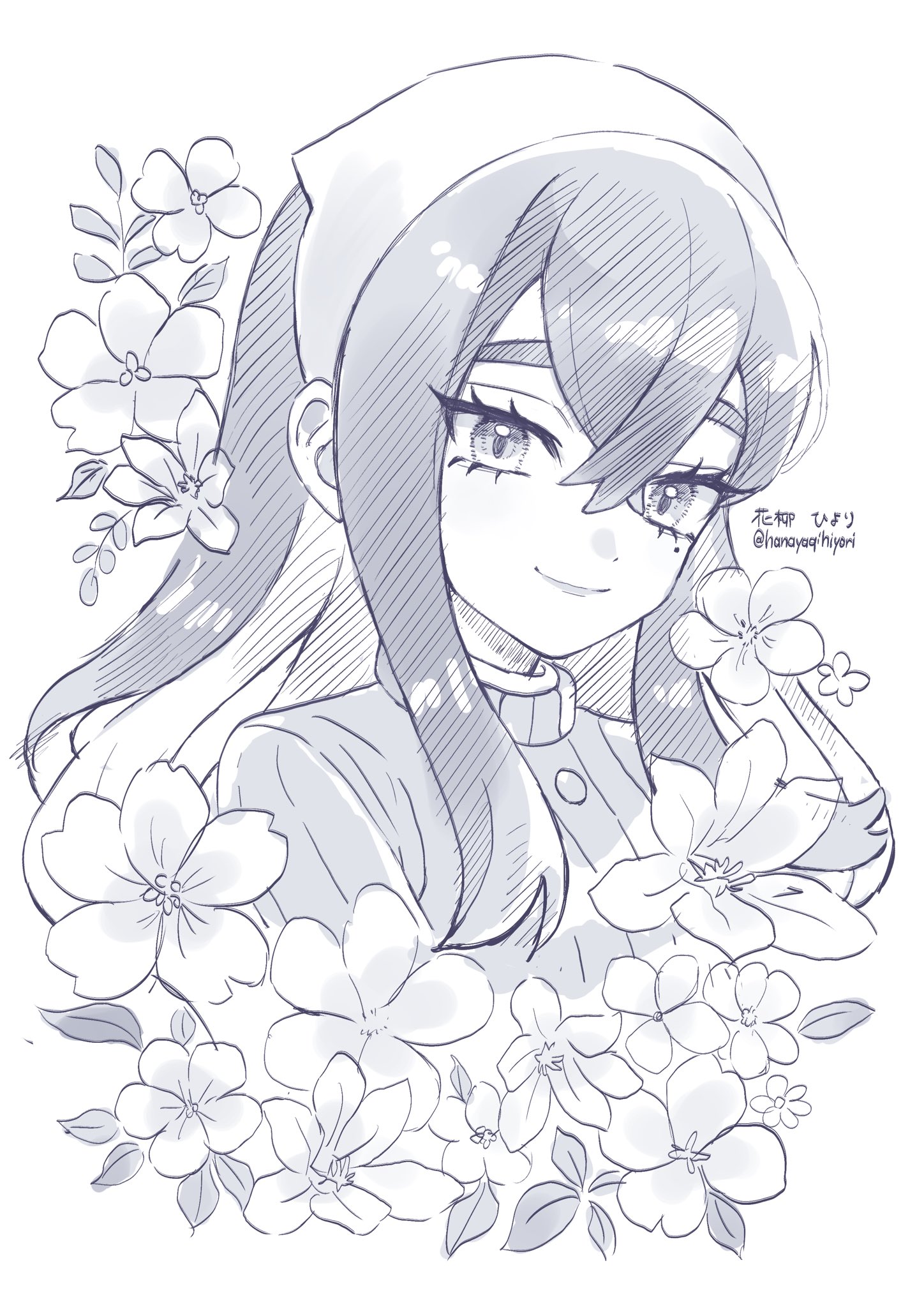 hanayagi hiyori, carmine (pokemon), nintendo, pokemon, pokemon sv, highres, 1girl, closed mouth, crossed bangs, eyelashes, flower, greyscale, hair between eyes, hairband, long hair, looking at viewer, mole, mole under eye, monochrome, smile, solo, twitter username, upper body