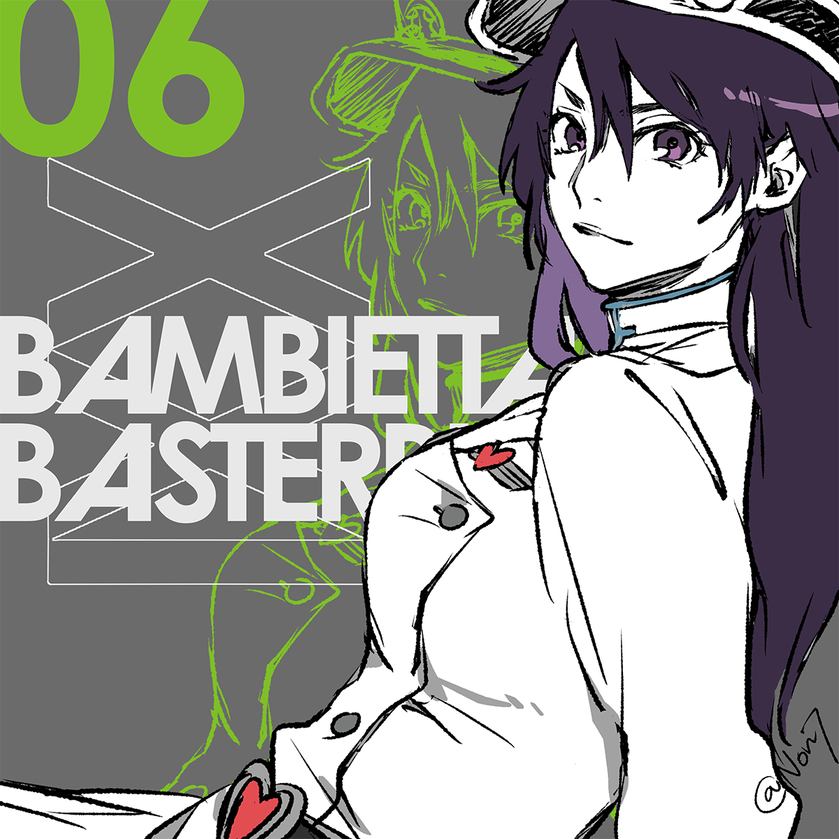 non7, bambietta basterbine, bleach, bleach: sennen kessen-hen, highres, 1girl, character name, grey background, hat, long hair, military hat, military uniform, purple eyes, purple hair, solo