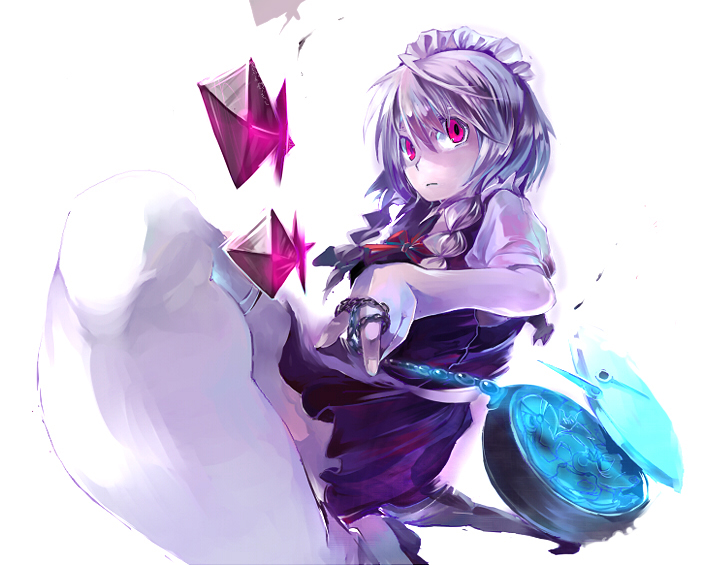cis (carcharias), izayoi sakuya, touhou, silver hair, bad id, bad pixiv id, 1girl, braid, dress, female focus, knife, maid, maid headdress, red eyes, solo, twin braids, white background
