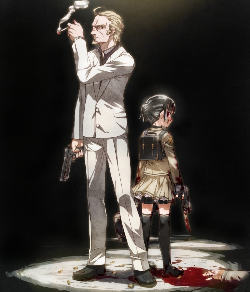 bunbun, backpack, bag, blood, cigarette, formal clothes, gun, randoseru, school uniform, smoking, suit, thighhighs, weapon