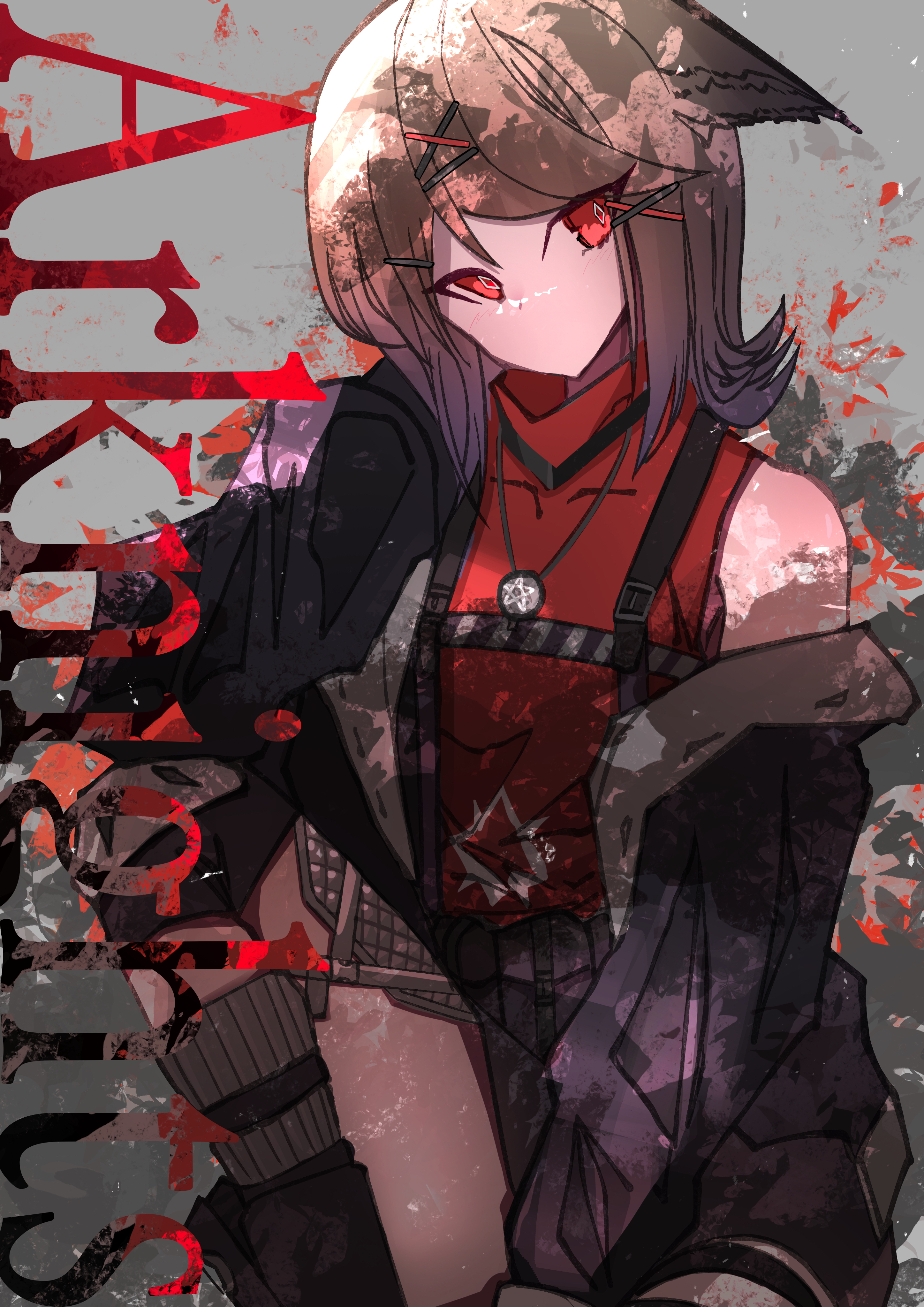 kira guil, cutter (arknights), arknights, absurdres, highres, translation request, 1girl, ahoge, animal ears, black shoes, black shorts, blue jacket, breasts, brown hair, eating, english text, food, full body, grey socks, hair between eyes, hair ornament, hairclip, high collar, jacket, long sleeves, looking at viewer, no mouth, off shoulder, open clothes, open jacket, puffy long sleeves, puffy sleeves, red eyes, red shirt, ribbed socks, shirt, shoes, short shorts, shorts, sitting, sleeveless, sleeveless shirt, small breasts, socks, solo, x hair ornament