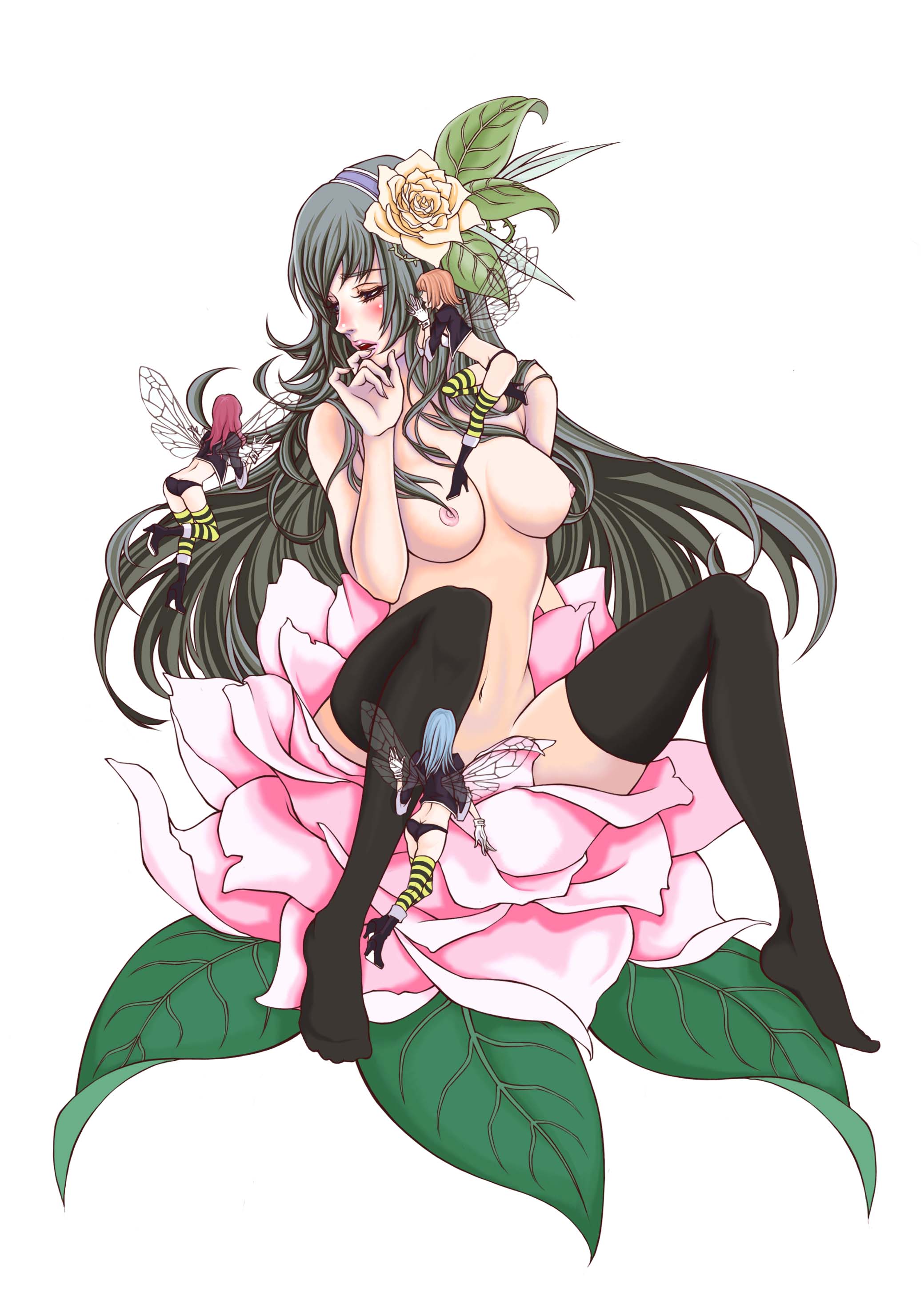 aiso kai, original, silver hair, absurdres, highres, 1girl, blush, boots, breasts, fairy, feet, female focus, flower, large breasts, long hair, mini person, minigirl, nipples, nude, on flower, solo, thighhighs