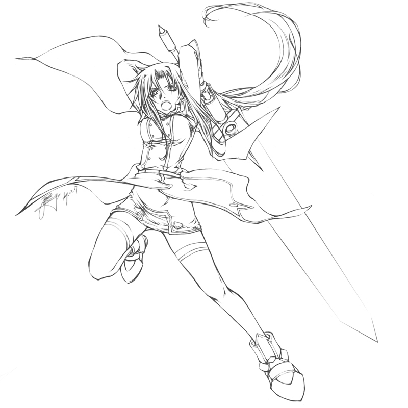 bardiche (nanoha), fate testarossa, lyrical nanoha, mahou shoujo lyrical nanoha, mahou shoujo lyrical nanoha strikers, non-web source, 00s, cape, greyscale, lineart, long hair, monochrome, sword, thighhighs, weapon, zettai ryouiki