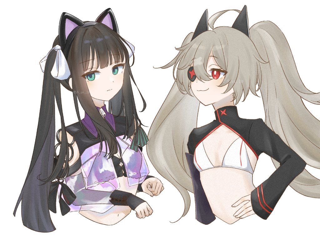 ave20, fail (djmax), arcaea, djmax, 2girls, :3, animal ears, bare shoulders, black bra, black hair, black sleeves, blue eyes, blush, bra, cat ears, fingerless gloves, frown, gloves, hair ribbon, jewelry, long hair, multiple girls, multiple rings, navel, paw pose, portrait, ribbon, ring, see-through clothes, shy, simple background, tairitsu (djmax collaboration) (arcaea), twintails, underwear, upper body, v-shaped eyebrows, watermark, white background, white bra, white ribbon