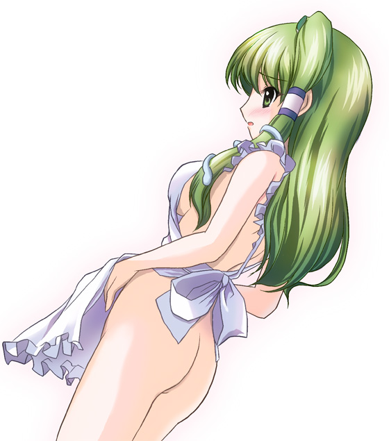 yamaguchi takashi, yamaguchi yuu, kochiya sanae, touhou, 1girl, apron, ass, blush, breasts, female focus, flat ass, green eyes, green hair, hair tubes, long hair, matching hair/eyes, naked apron, ponytail, sideboob, simple background, single hair tube, snake, solo