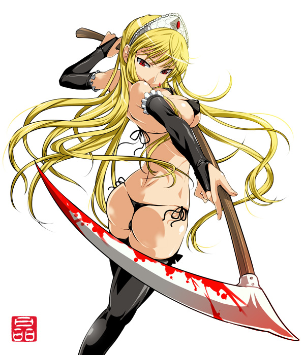 sonobe kazuaki, hime (kaibutsu oujo), kaibutsu oujo, 00s, 1girl, ass, bikini, black bikini, black thighhighs, blonde hair, blood, breasts, bridal gauntlets, covered erect nipples, female focus, from behind, large breasts, long hair, looking back, micro bikini, red eyes, scythe, side-tie bikini bottom, smile, solo, swimsuit, thighhighs, thong bikini, tiara, very long hair