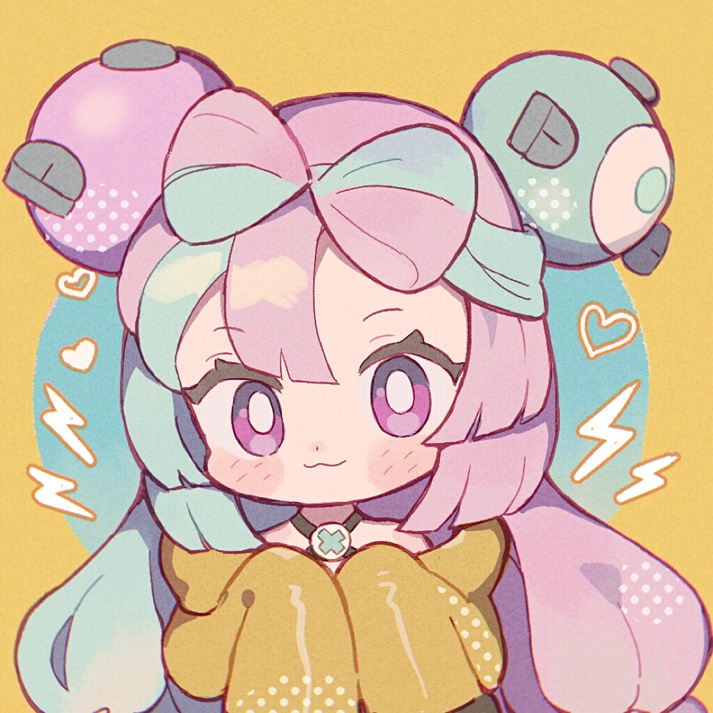 milkyway080, iono (pokemon), nintendo, pokemon, pokemon sv, commentary, symbol-only commentary, 1girl, :3, blush, bright pupils, character hair ornament, chibi, closed mouth, green hair, hair ornament, heart, jacket, long sleeves, looking at viewer, pink hair, purple eyes, sleeves past fingers, sleeves past wrists, smile, solo, upper body, white pupils, yellow jacket